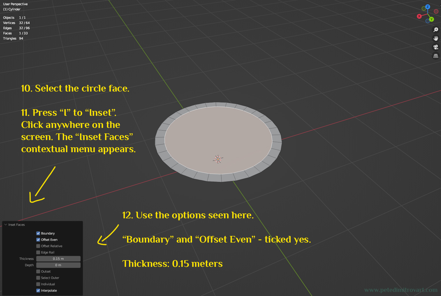 Blender screenshot. Shows the top circle face, everything else has been deleted after tha last step. “Inset Faces” command has been used to give the circle a ring loop of faces with 0.15 meters thickness. The image has a text that is transcribed in the paragraph above.