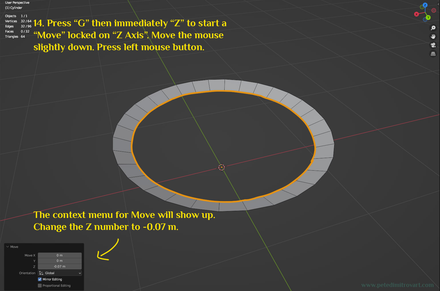 The inner edge loop of the ring has been moved down in Z by -0.07m. Yellow text transcription is below the image. Blender screenshot.