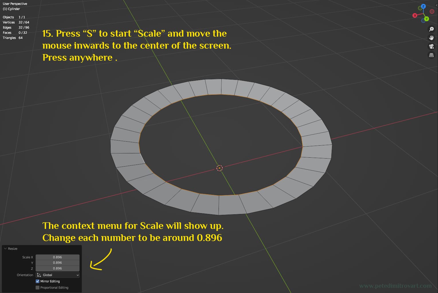 Blender shot showing the same edge loop seen before, scaled in. Yellow text is transcribed in the paragraph below the image.