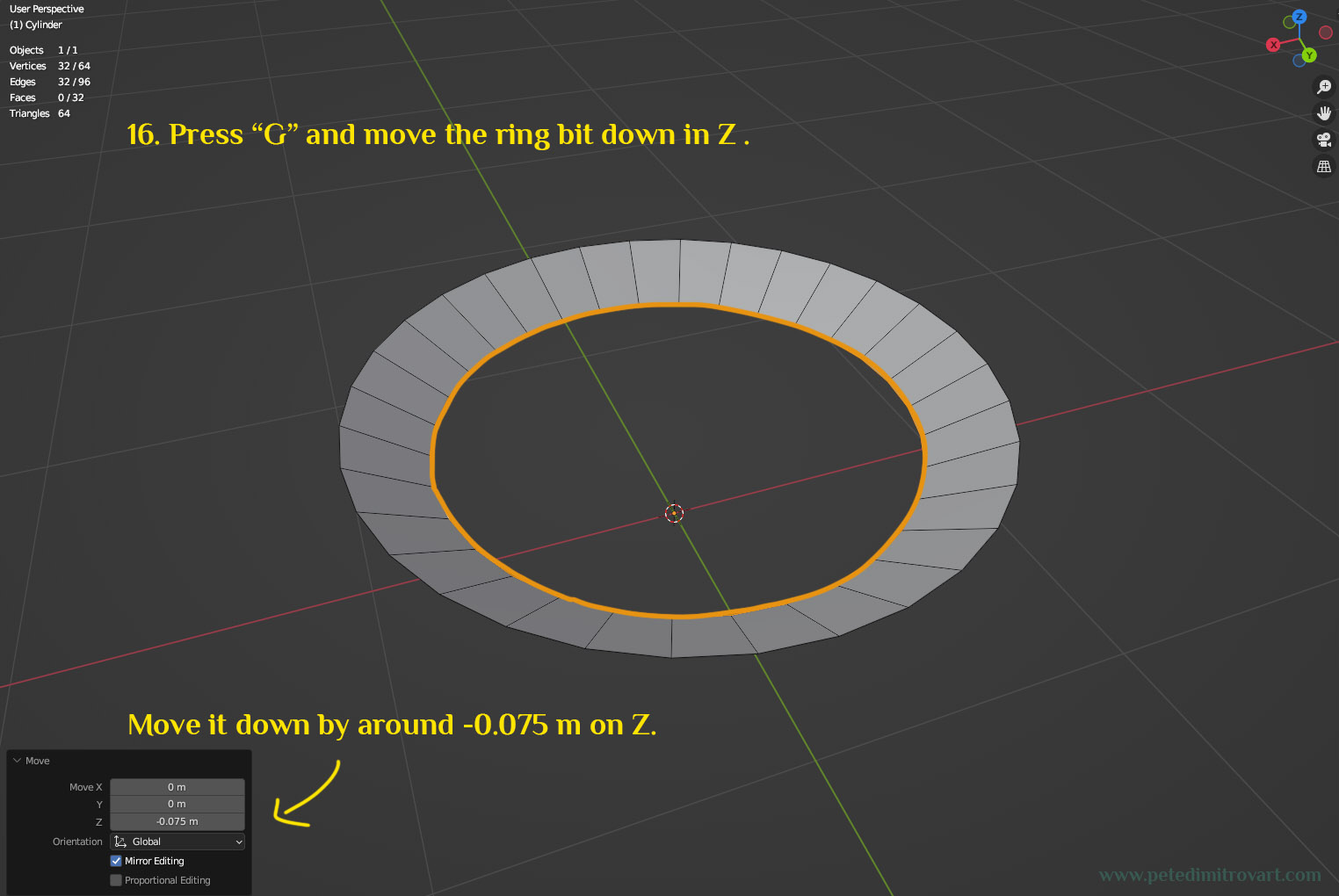 The selection of edge loop is now moved downwards in space by -0.075m. Yellow text reads: “16. Press “G” and move the ring bit down in Z. Move it down by around -0.075 m on Z.”.