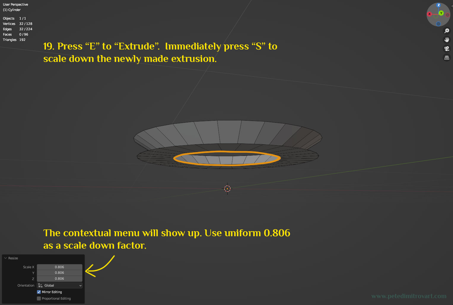 Blender screenshot, showing the mesh from profile. The orange edge loop in the middle is scaled down by 0.806. The yellow text in the picture is transcribed in the paragraph above.