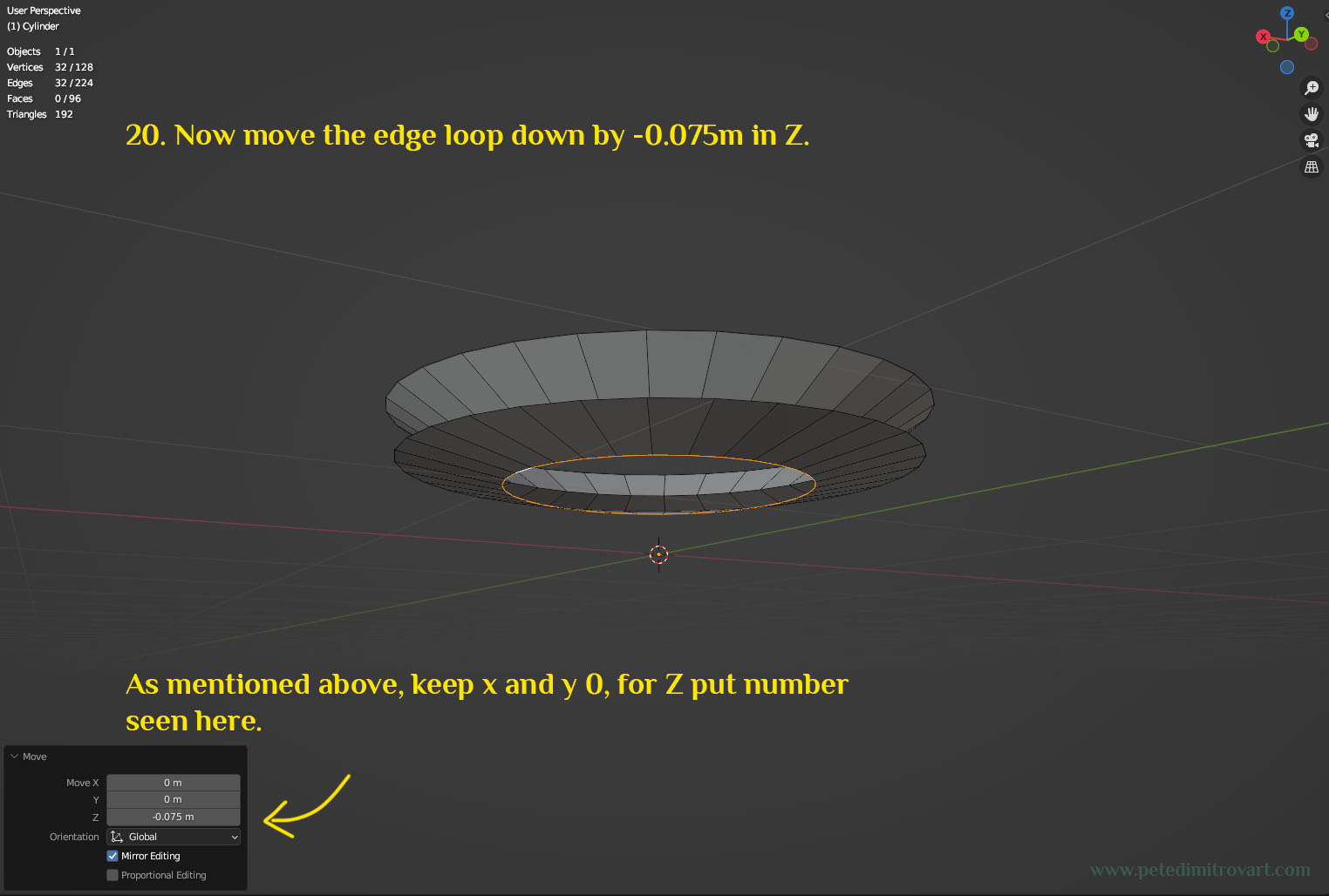 The edge loop seen before is now moved down in Z by minus 0.075 m. Yellow text is described in the sentence above. Blender screenshot.