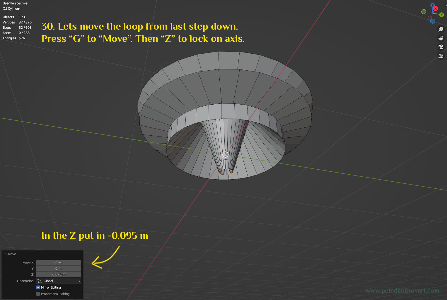 Screenshot showcasing the edge ring from last step, moved down, making for prolonged loop of faces. The yellow text is transcribed in the sentence above the image.