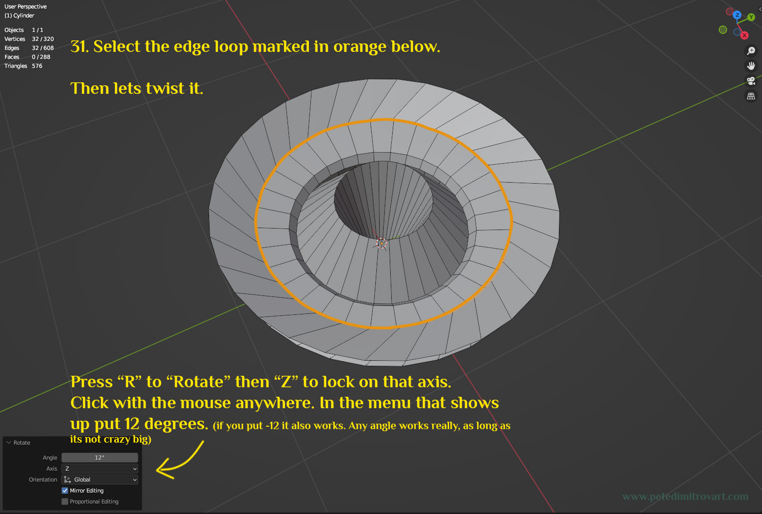 Screenshot that shows the orange selection of edges being twisted by 12 degrees on the Z axis. Yellow text, as usual, is transcribed above.
