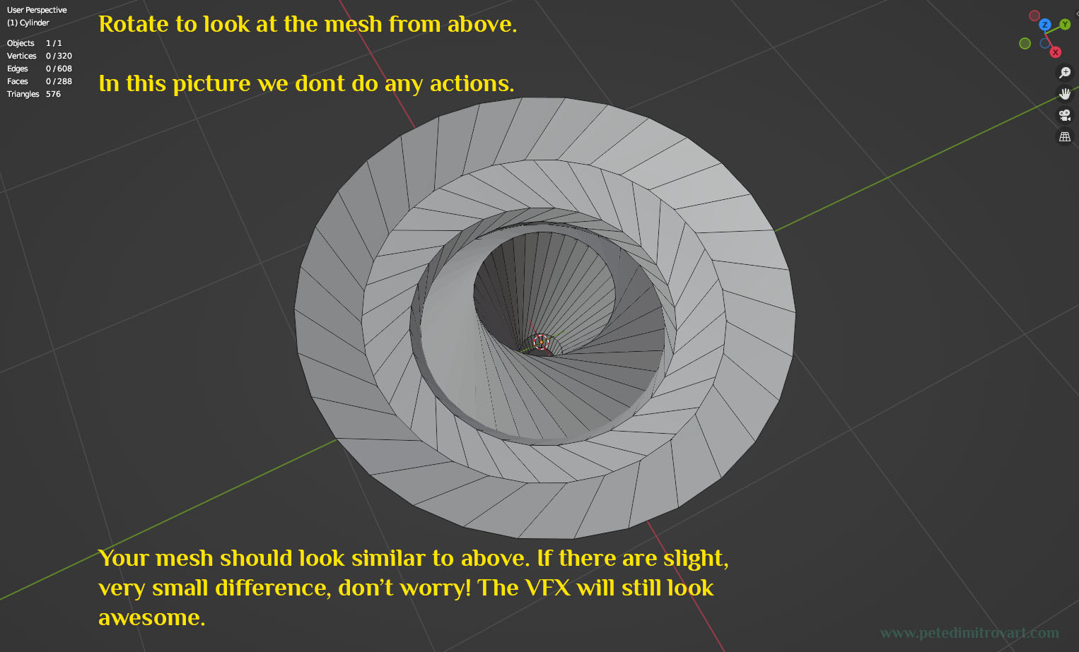 Image with yellow text identical to paragraph above. The mesh is seen from the very top, displaying all of the twists and turns in different directions thanks to the wireframe look.