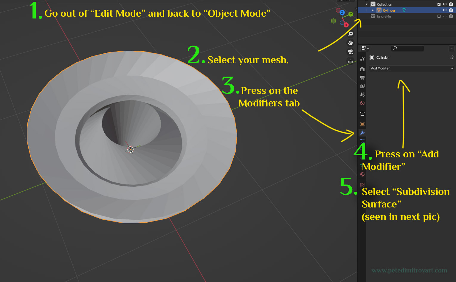 Screenshot that shows going out of Edit and to Object mode. The mesh is selected but has no wireframe due to us being in Object Mode. Arrow points to select the mesh from the Collection. Then another arrow points to go to the “Modifiers Tab” and then press and add “Subdivision Surface).