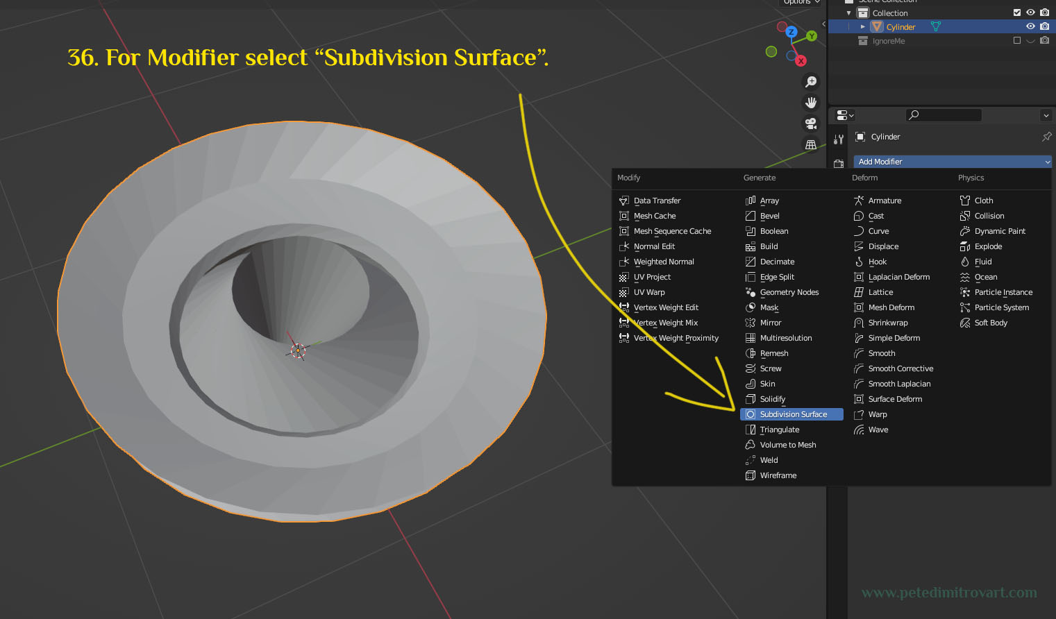 The screenshot now is identical to before but the “Add Modifier” tab is expanded and one can observe all the different types. The image shows “Subdivision Surface” selected and clicked on.