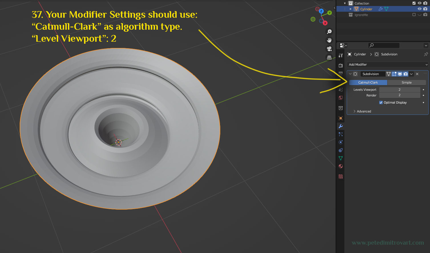 Screenshot similar to before but now showing the Subdivision Modifier settings. The settings needed are described in the sentence above and its what the yellow text on the image reads.