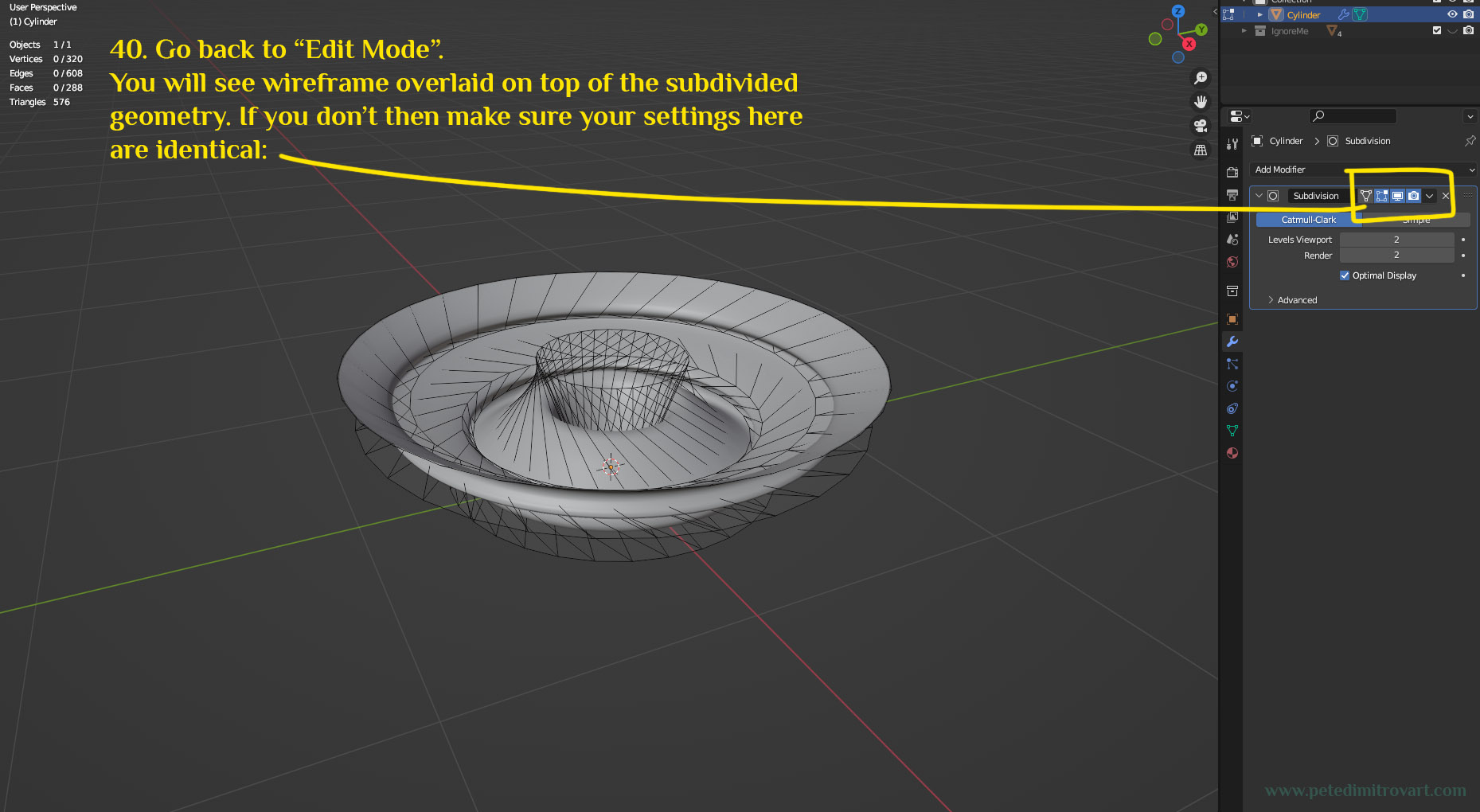 Mesh seen from the side. It is displayed in “Edit Mode” which in combination with the Subdivision modifier makes for a visualization where the smooth, end result of Subdivision is overlaid by a cage.