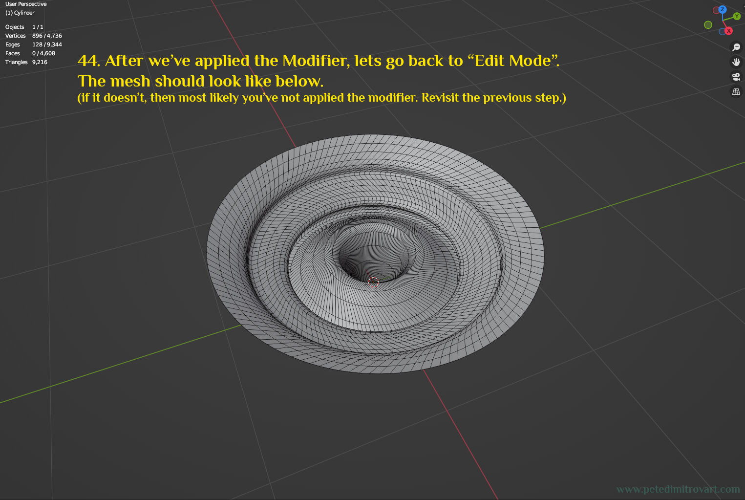 Mesh is seen with a now dense wireframe. This wireframe is visible in “Edit Mode” because we’ve applied the modifier and are looking at the final geometry as result from it. Yellow text is transcribed above, as usual.
