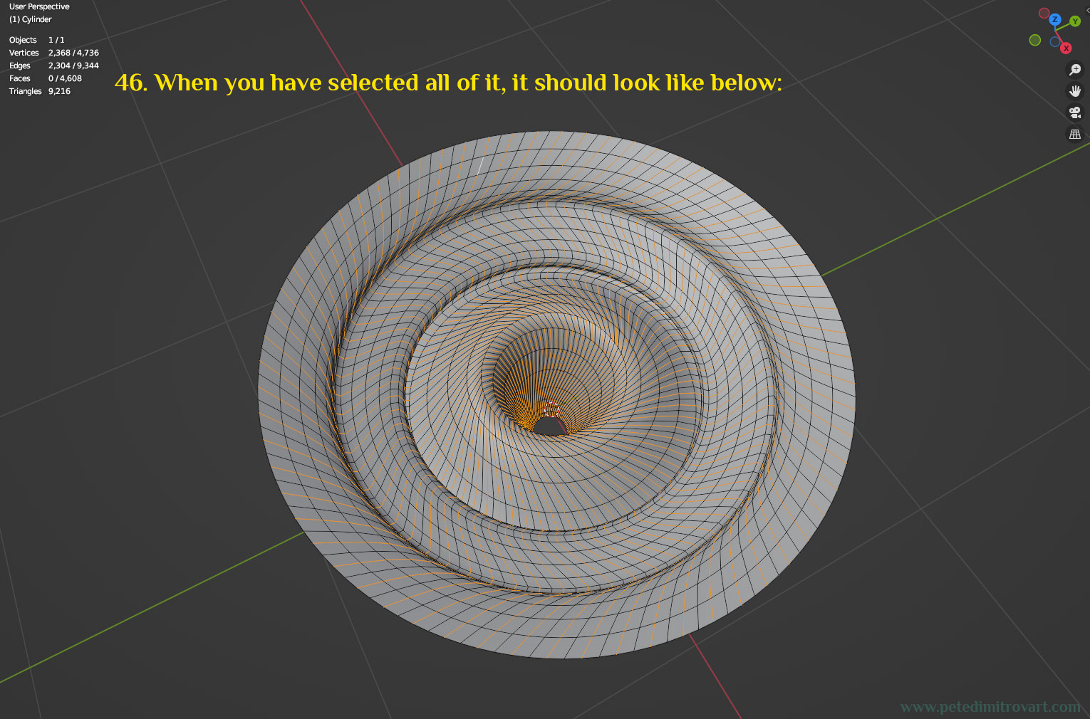 Mesh seen from above. Every second loop of edges is selected, shading the mesh in orange selection color.