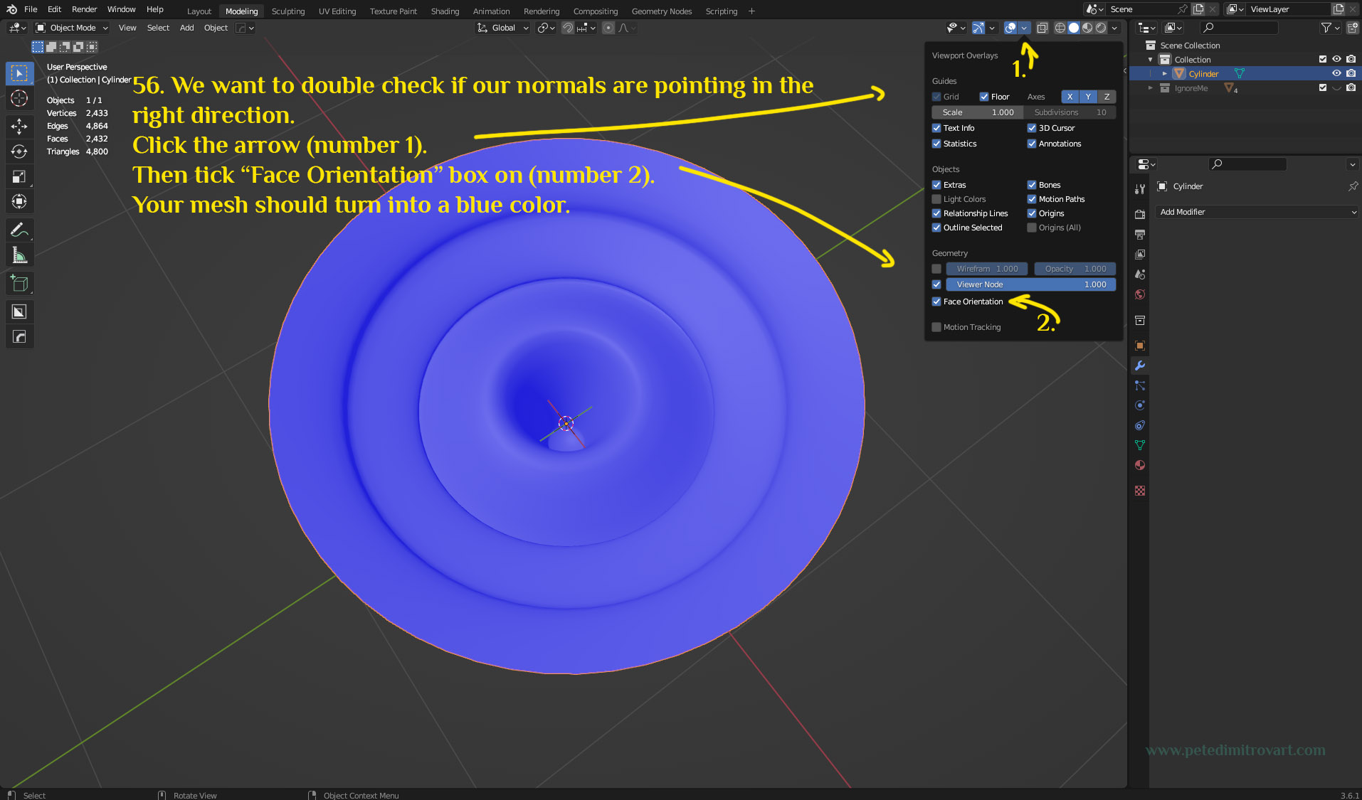 Blender UI seen where we press on the little blue arrow, marked with NUMBER 1 in yellow on the image. Dropdown menu is then show and we press NUMBER 2 arrow, which points to “Face Orientation”. The mesh gets shaded in blue color (or perhaps red, if you have an issue, but we cover that in the next image).