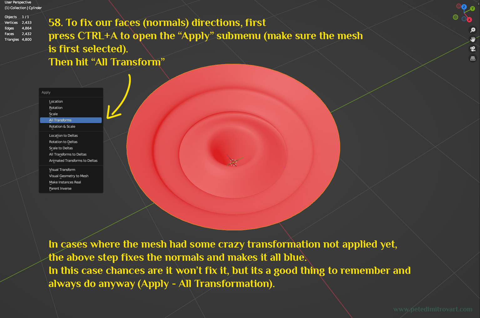 Image showing the red tinted mesh selected. Then “CTRL+A” pressed on the keyboard, bringing a menu on top of the screen, where the mouse is. That submenu is called “Apply” and has a list of commands like Apply–“Location, Rotation, Scale” etc. One of those is “All Transformation” and we select that.