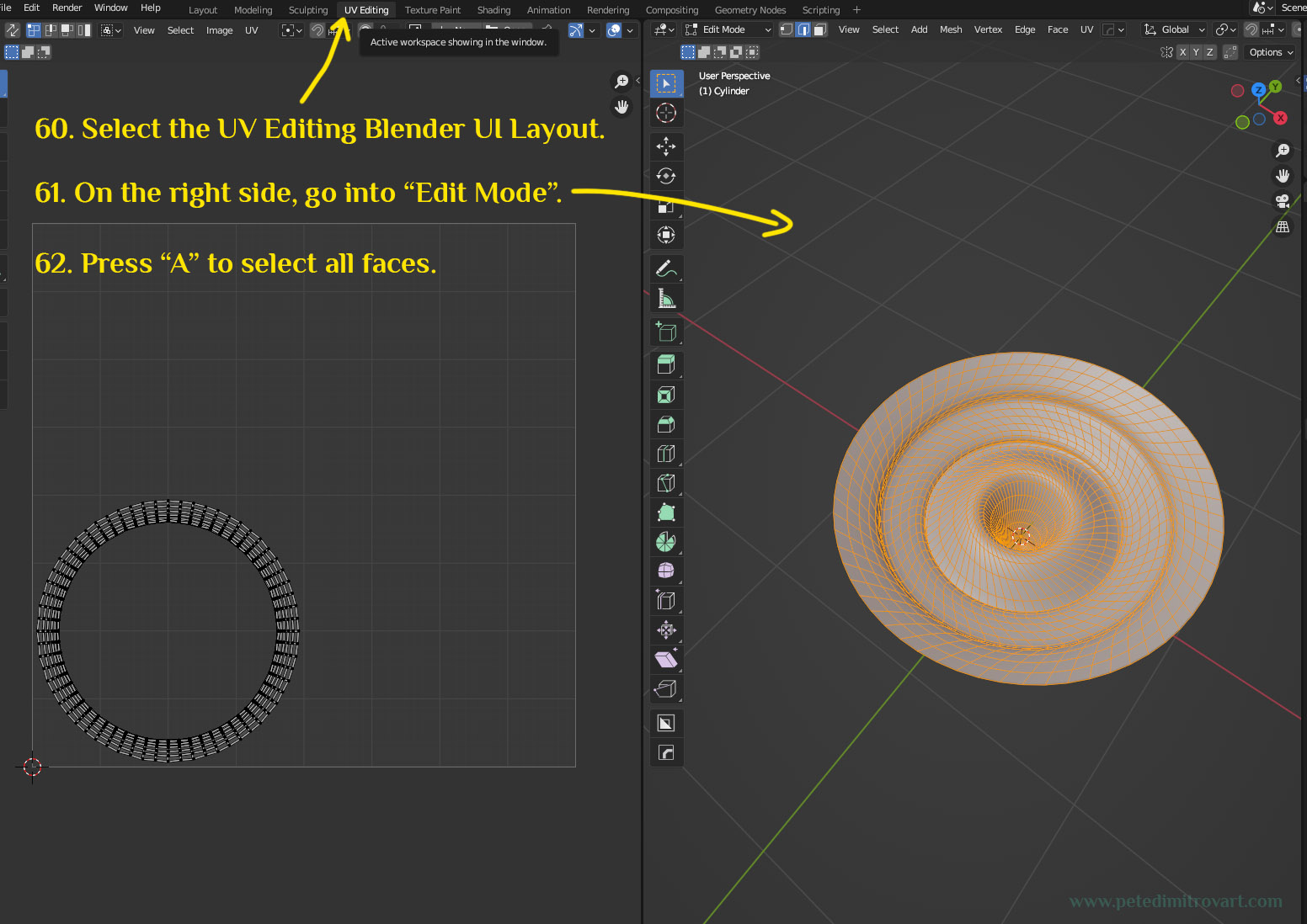 Blender UI screenshot. On the top bar, where there is “File, Edit, Render, Window” etc, there is also “Layout” types. One is called “UV Editing” image shows us pressing on it. The screen then splits into two, left is UVs, right is geometry.