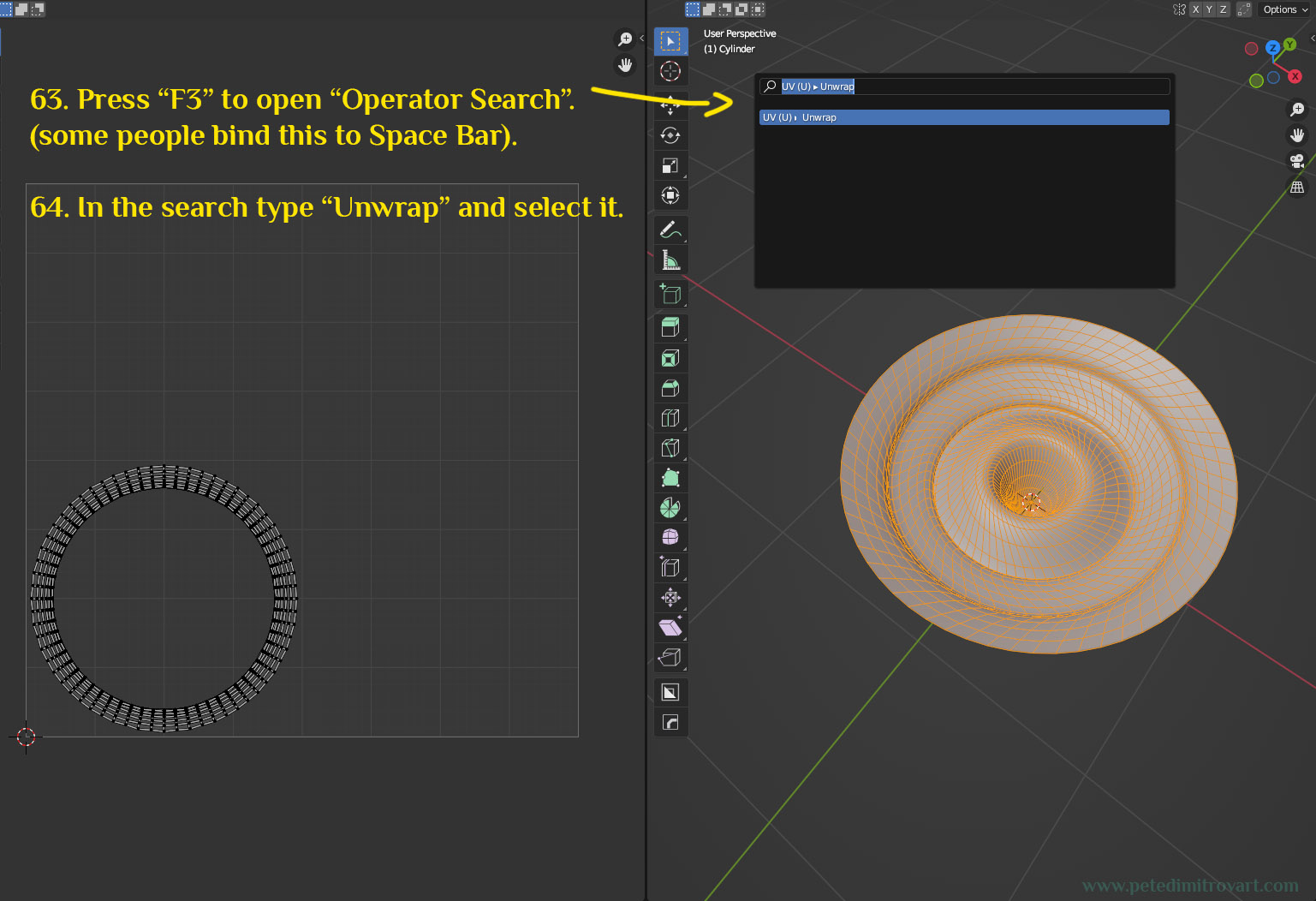 Blender screen split into two: UVs and Geometry. On the right side, with the geo selected, F3 is pressed to bring out the search and click on “Unwrap”.