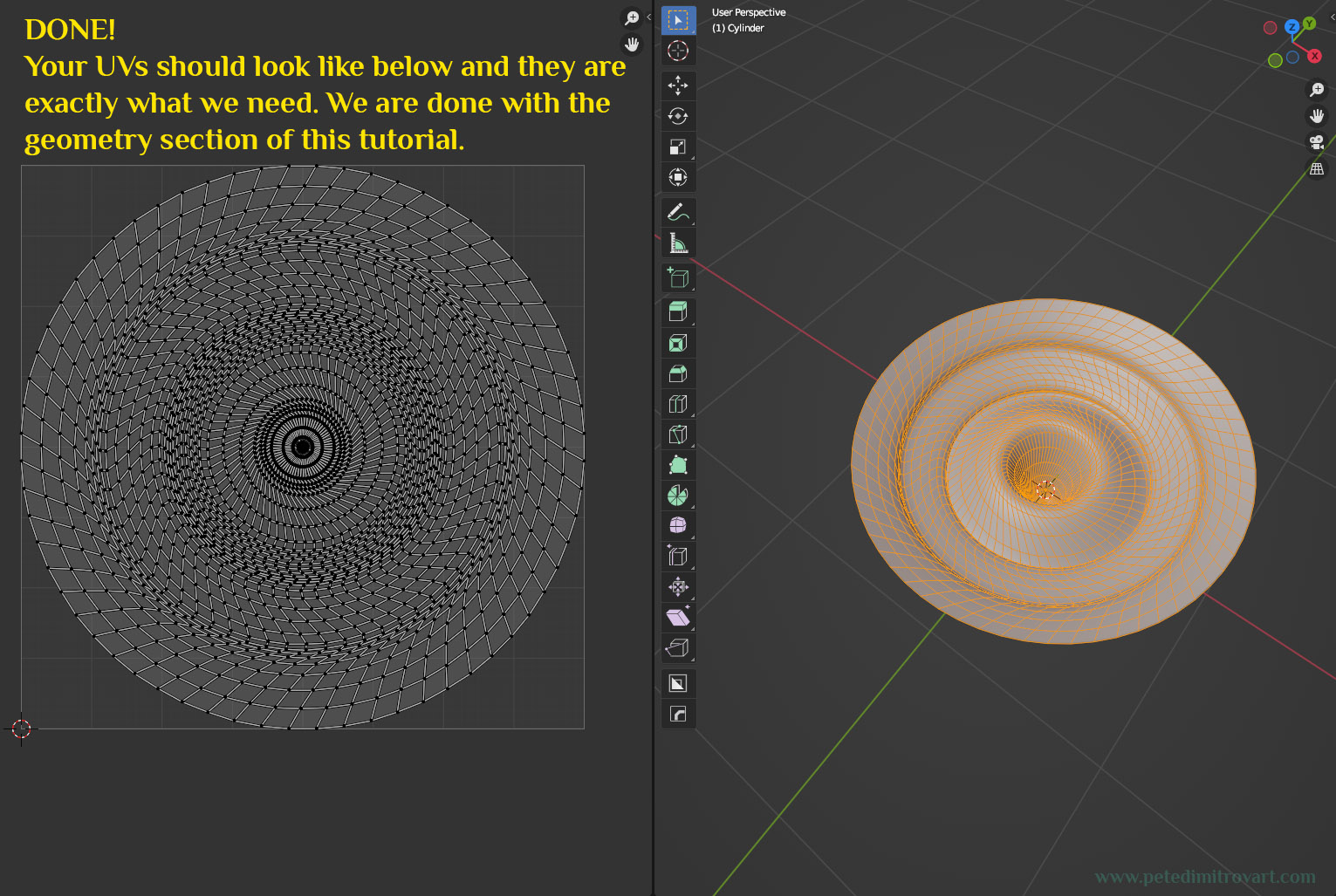 Image displaying the finalized UVs to the left of the screen. On the right of the screen is the geometry selected. The UVs look incredibly dense and like a large circle fit into the UVs quadrant.