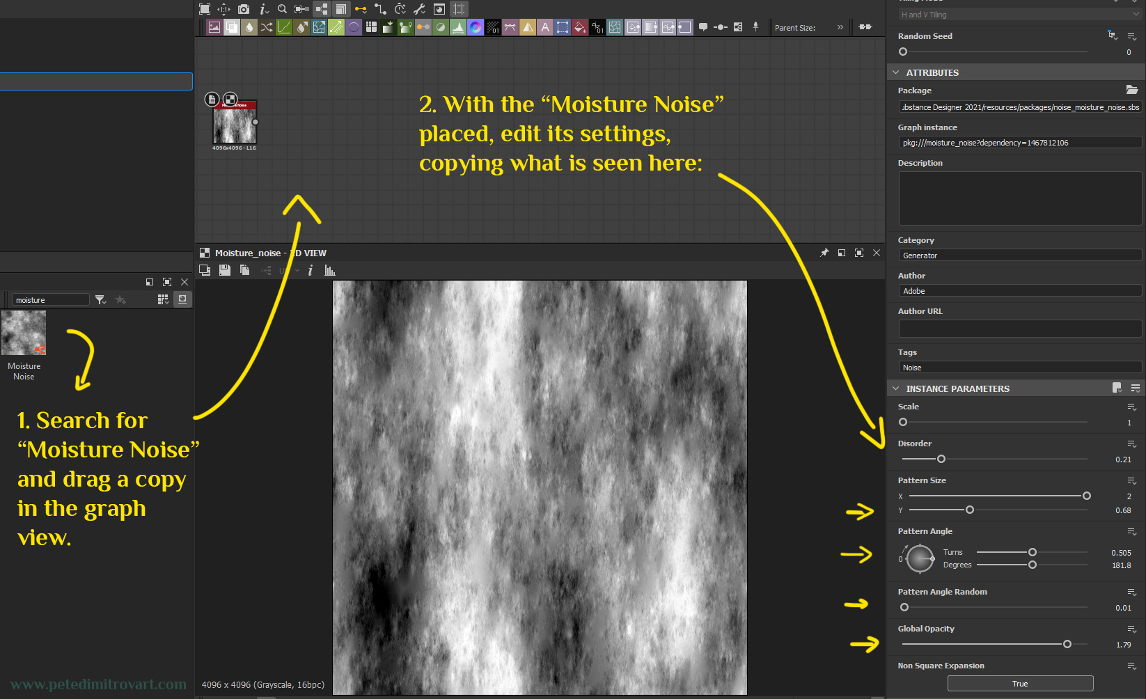 Graph and texture preview screenshot from Designer. Shows step one of searching for “Moisture Noise” then adding it to the graph, then editing its settings to be as what is transcribed in the paragraph above. The result is a moisture noise that looks prolonged on the X axis - very long and slim appearance.