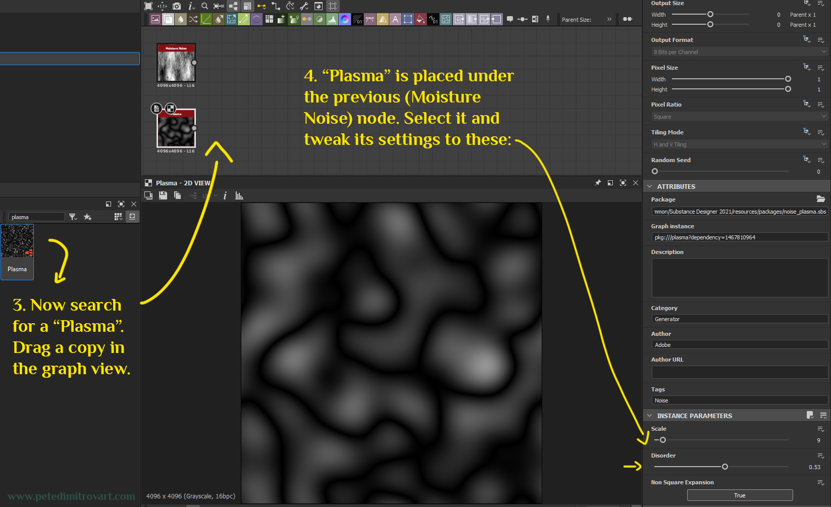 Another graph texture. Shows searching for “Plasm” node and adding it under the “Moisture” node. It’s settings are then tweaked (seen in the right lower corner). The numbers in the settings match what is transcribed above.