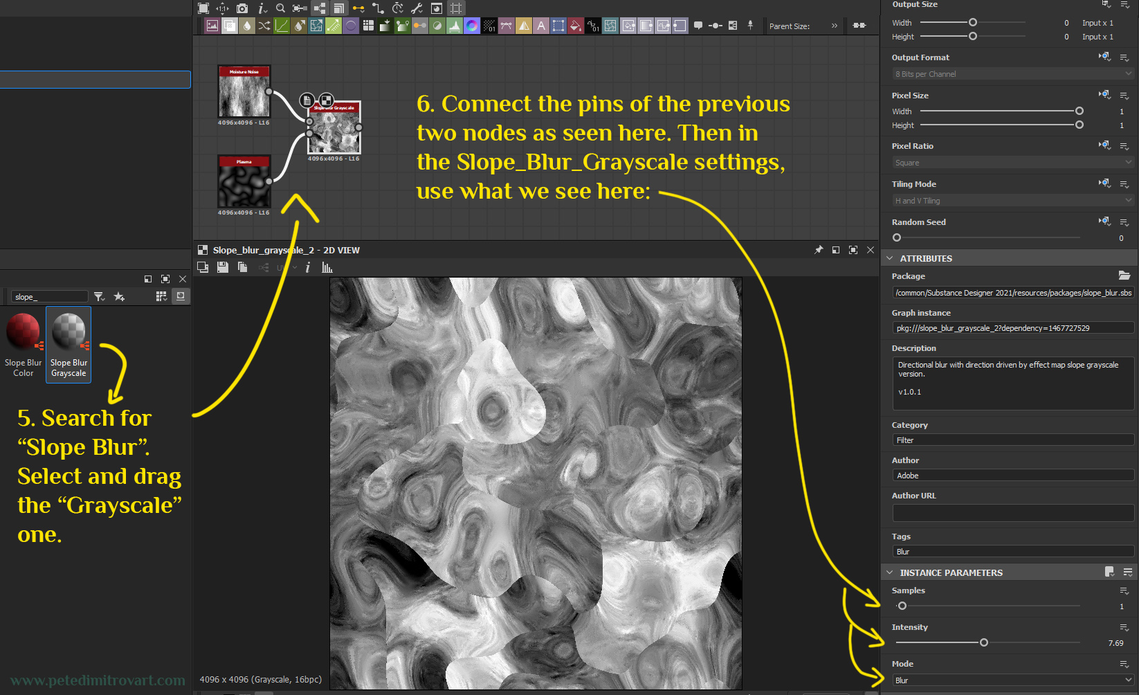 Graph screenshot showing the “Moisture Noise” and “Plasma” connected together into a “Slope Blur Grayscale”. The result is liquidated, Saturn surface-like patterns. The settings for the Slope Blur are described above. 