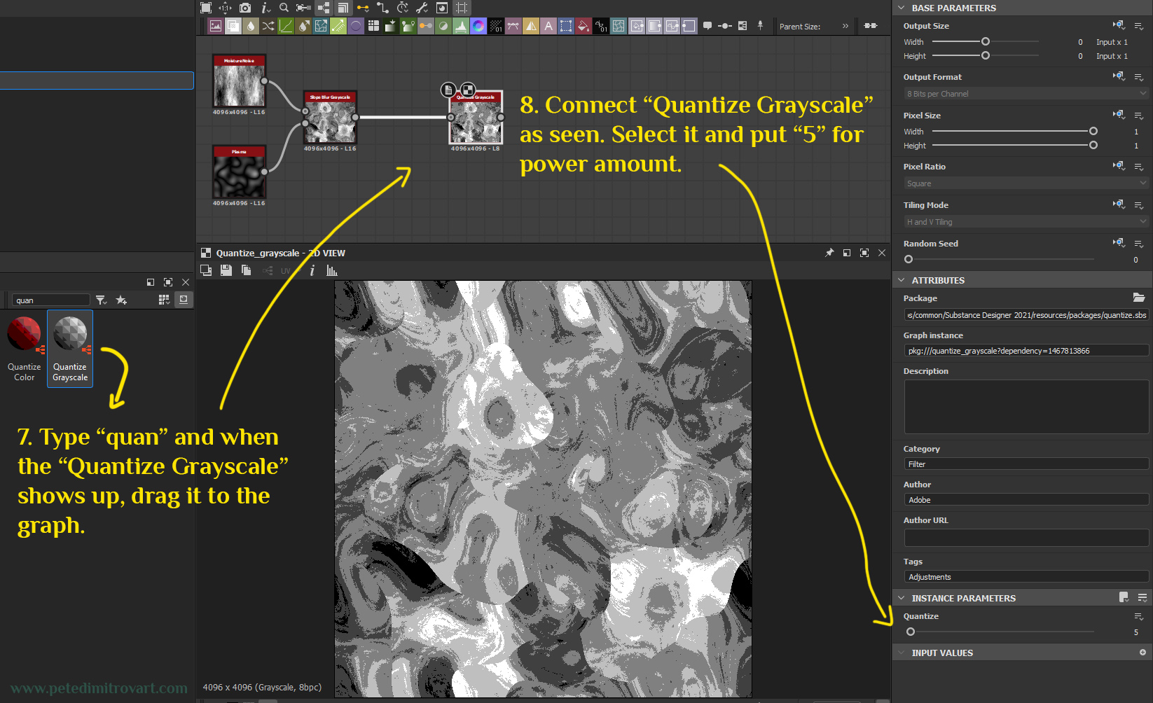 Another graph screenshot. Shows first searching “quan” and selecting and dragging a “Quantize Grayscale” node. Then connecting it and changing its settings to a power of 5. The visual result is the Saturn-like, liquid noise like before, but now incredibly simplified. It looks almost like pixel art or like through a dithering pattern. 