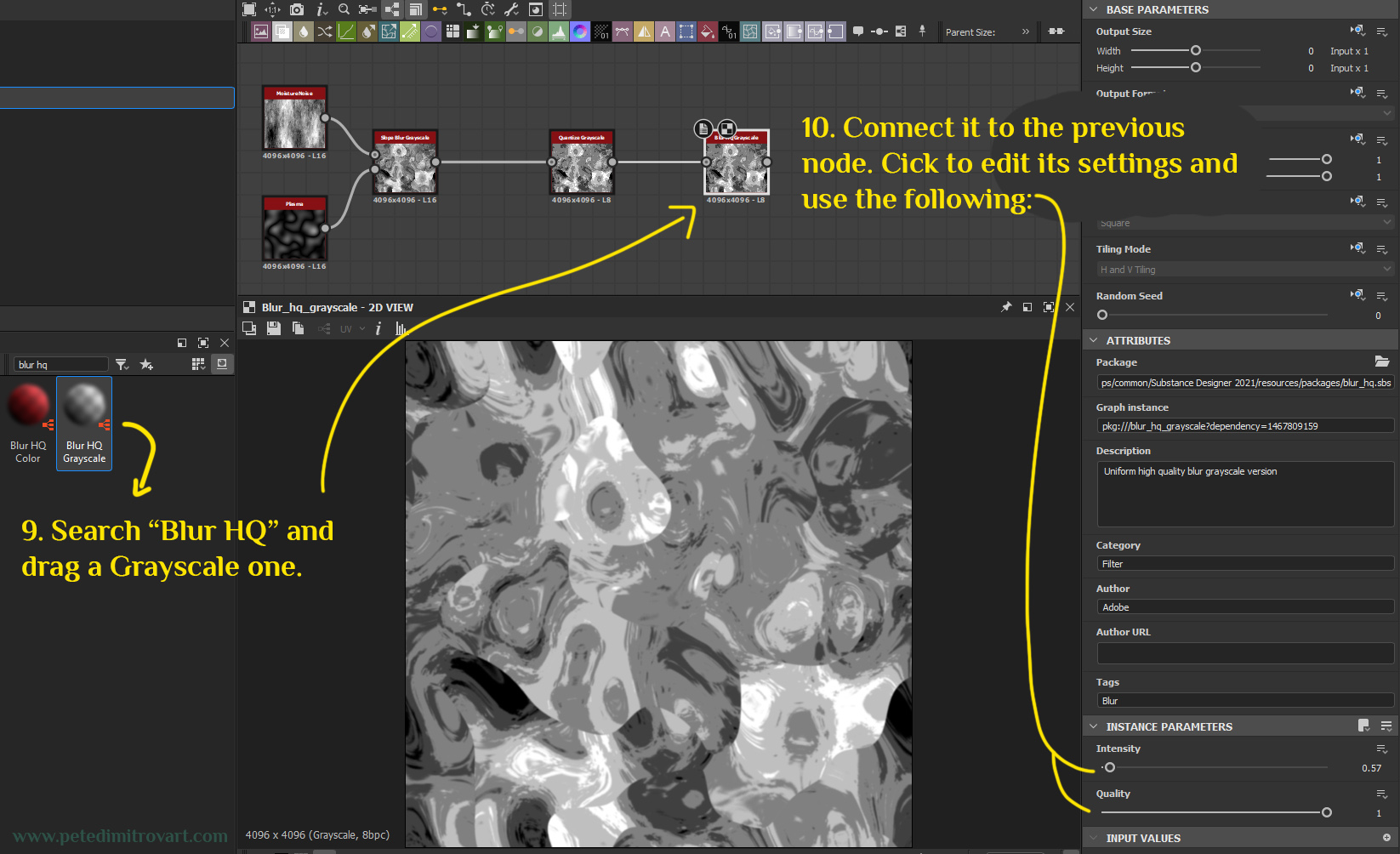 Substance Designer screenshot showcasing searching up and adding a “Blur HQ Grayscale Node”. Then in its settings tweaking it to have intensity of 0.57 and quality of 1. The visual is like he previous step - simplified - but now not ragged and dithered.