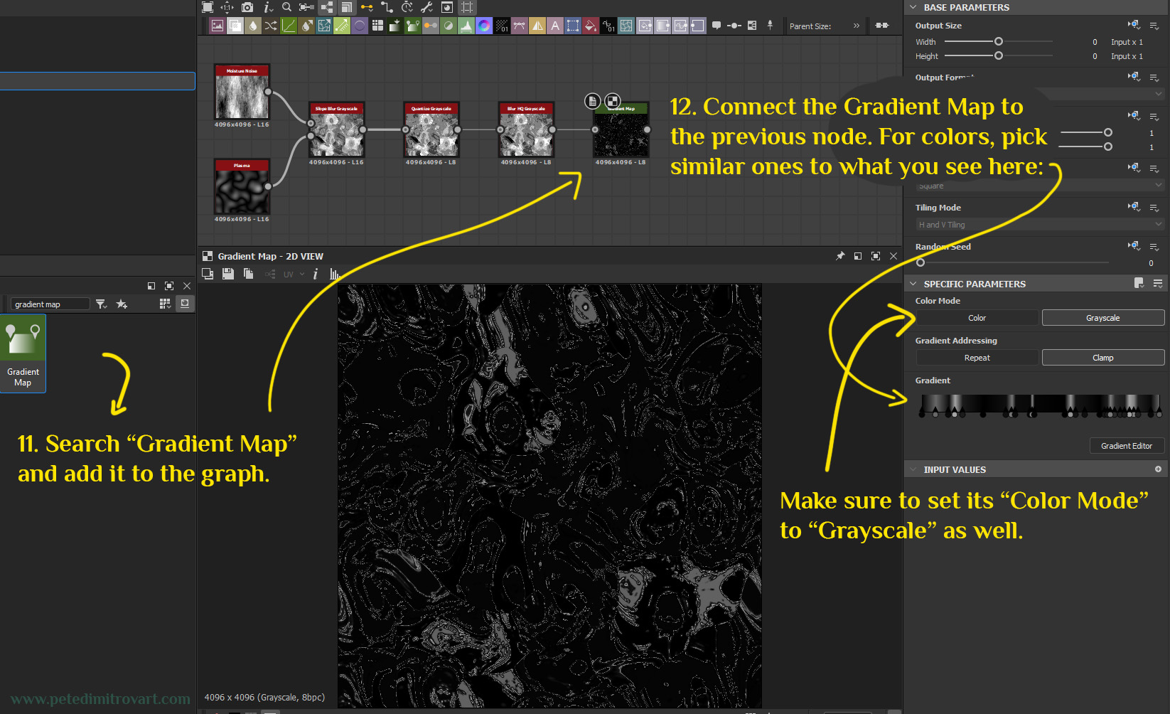 Graph screenshot showing the addition of a “Gradient Map” node. Its gradient ramp settings are then a selection of dark and light shades. The end result is an even more simplified version of the previous result.