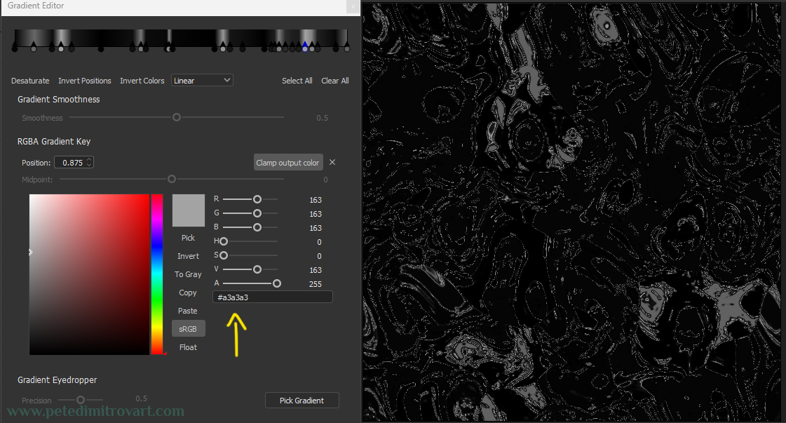Close up screenshot of the settings of the Gradient Editor and its “Ramp”. A bright gray region of the gradient ramp is selected and its color value is a hex #a3a3a3. The result is seen to the right - the black and white oil spill texture.