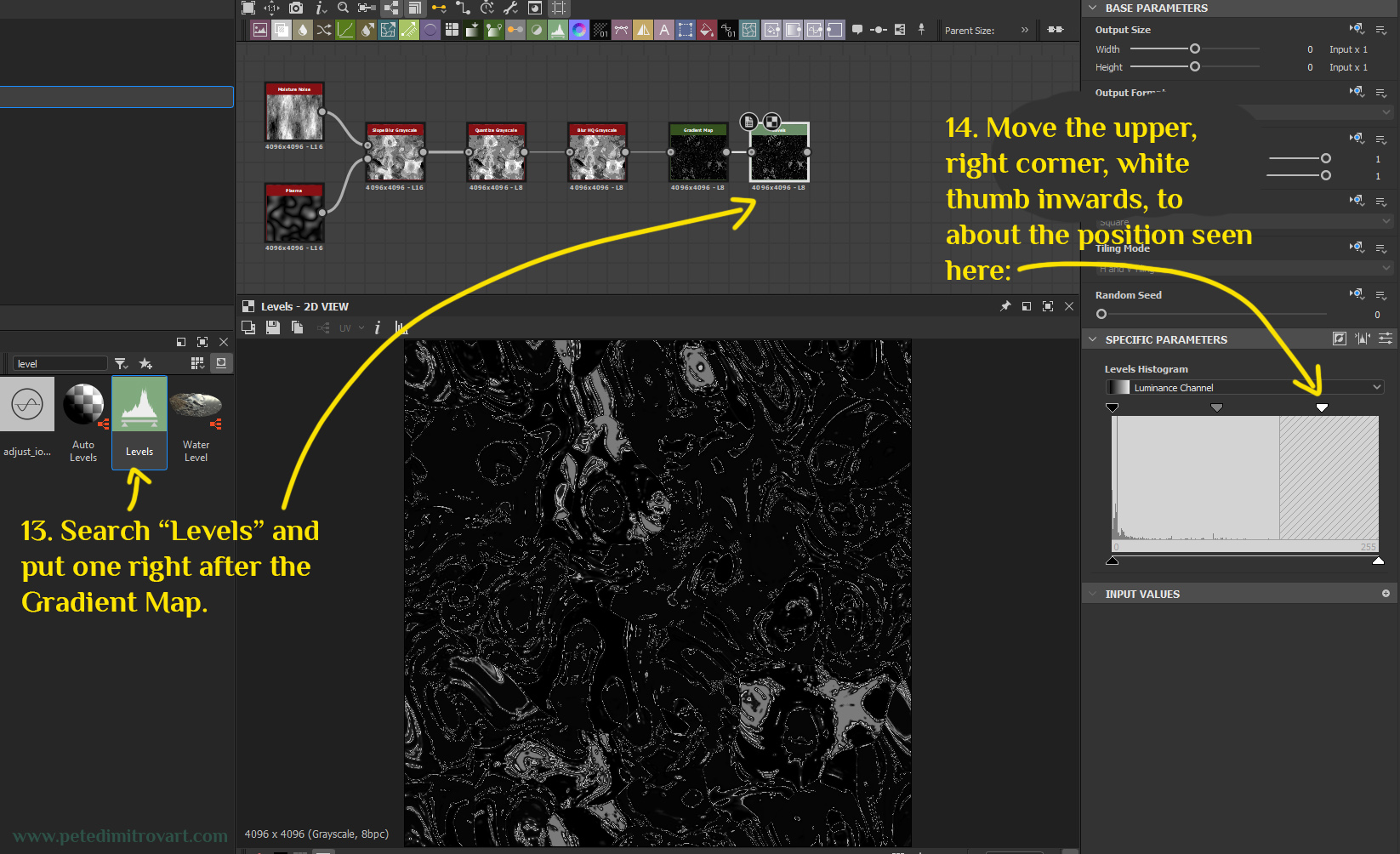 Substance Designer screenshot showing searching up “Levels” node and then dragging its green icon to the Graph. To the right, in its settings, there is a gray rectangle. The image shows clicking the upper right thumb in that rectangle and moving it inwards.