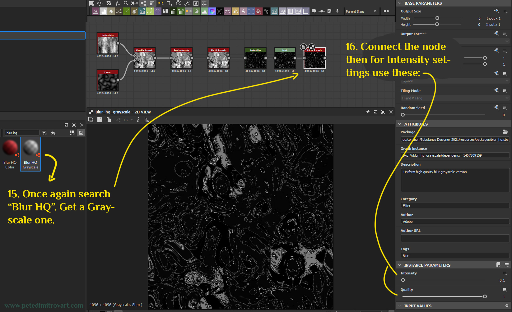 Another graph screenshot. Showcases searching and adding “Blur HQ Grayscale”. Its then connected to the previous node and has intensity of 0.1 and quality of 1. The end result is such a subtle blur, that its hard to see the difference.