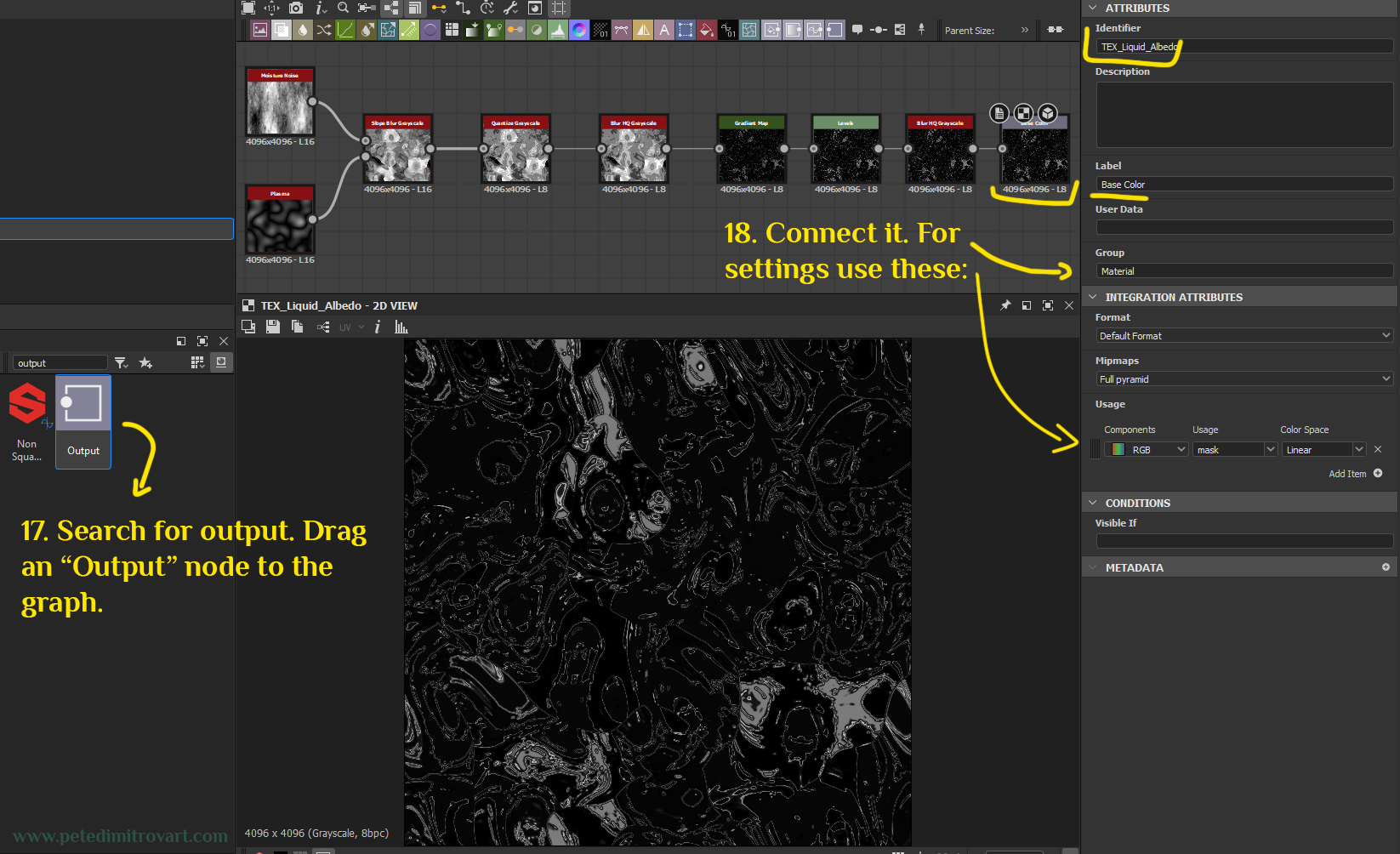 Graph shot that shows adding an “Ouput Node”. Its settings are described in the sentence below.