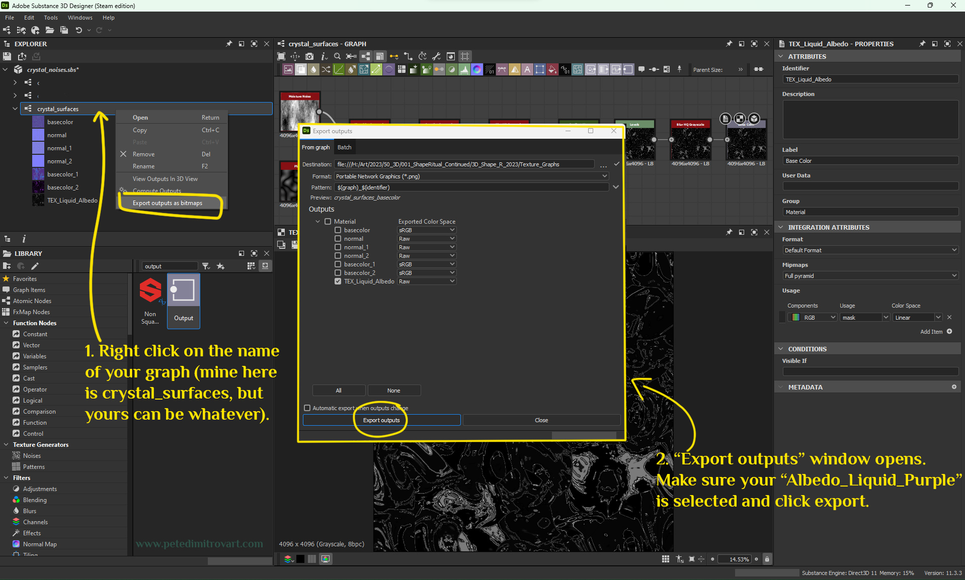 Image showing the Export sequence of actions: clicking on the graph name, exporting. Yellow text is transcribed below.