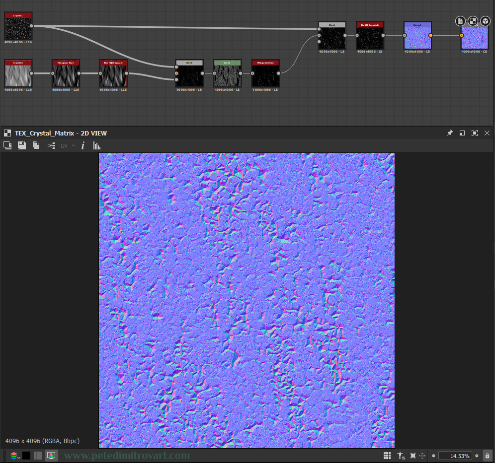 Substance Designer screenshot that looks at a graph. There are 10 nodes connected between one another and finishing up in an 11th, Output node. Below is a normal map in the typical tangent space colors. It features patterns and motives like lots of triangulated crystals.