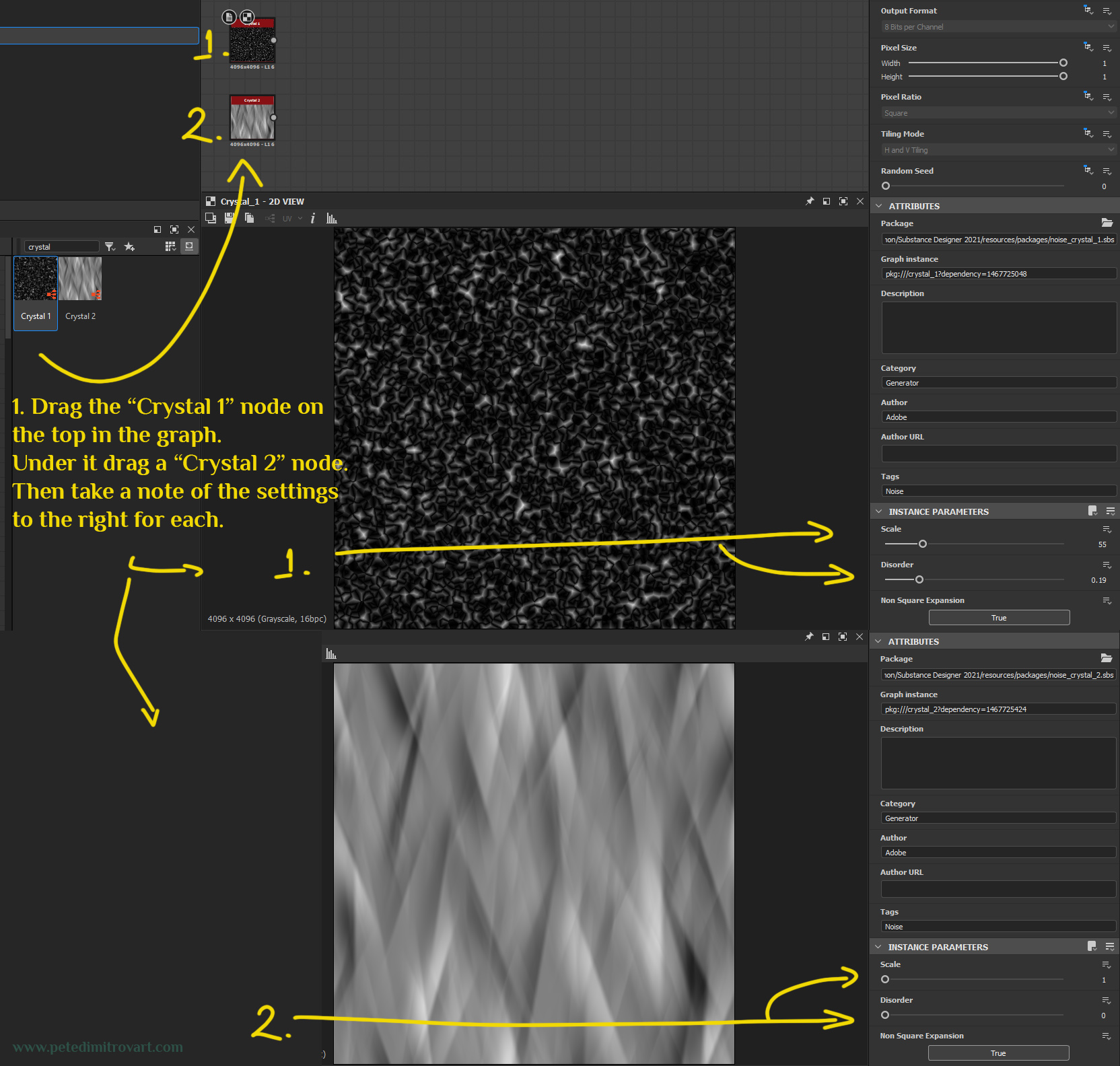 Screenshot showing adding two nodes onto the board. A “Crystal 1” that has black color. Then a “Crystal 2” that has more white color. They are placed under one another. The image below is added to show the settings of both in one. Those settings are pointed with arrows and transcribed in the paragraph above.