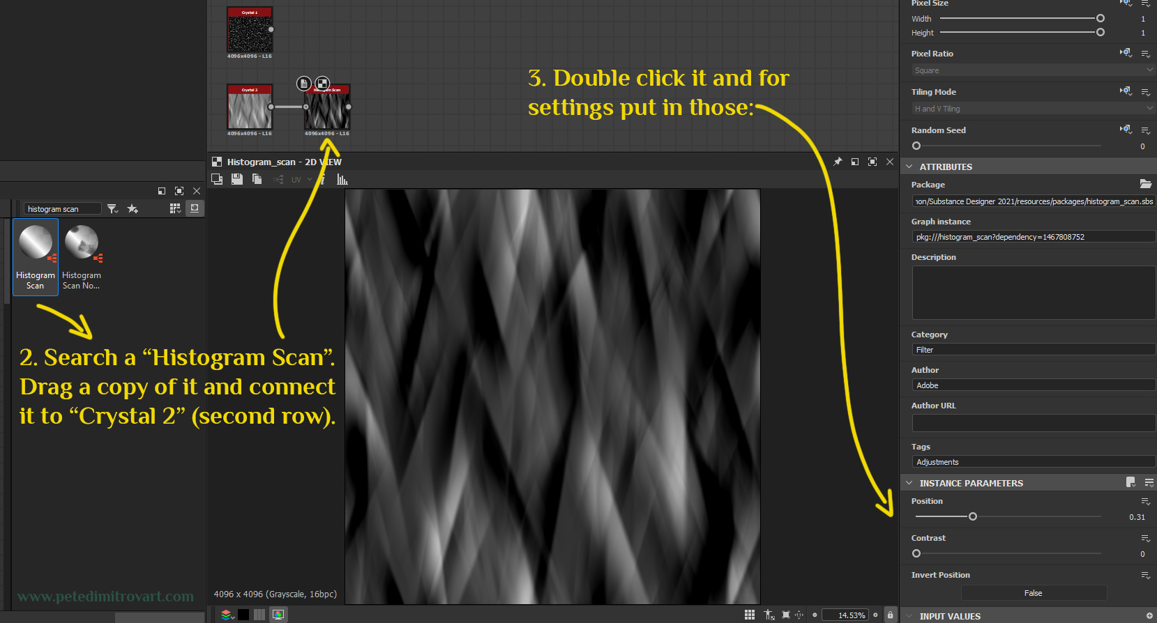 Shot that shows searching for Histogram Scan and adding it to the right of Crystal 2 node. Its then double clicked, giving a preview of it. With the settings put to what is described above, it makes the visual look like white and black stripes going diagonal of one another.