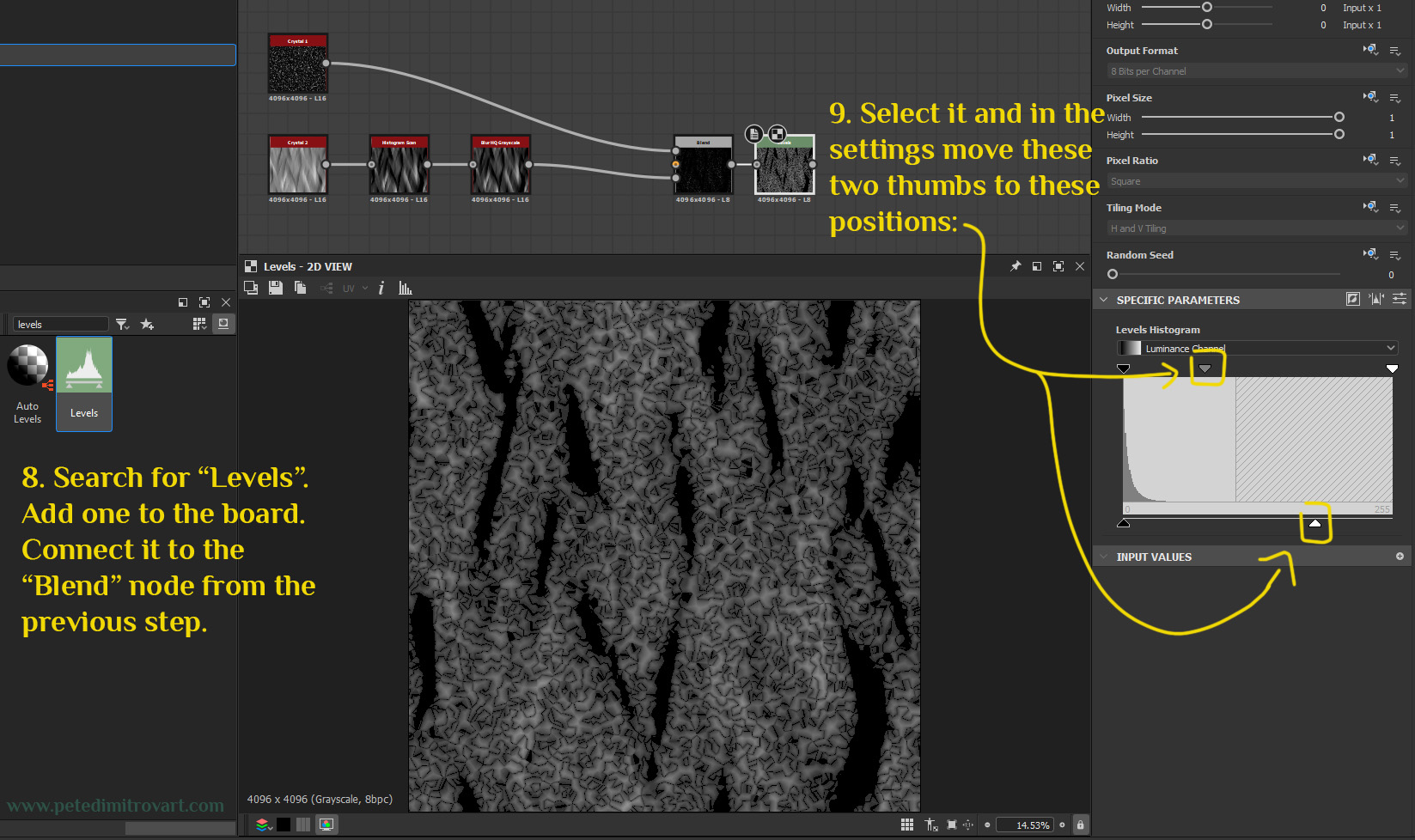 Another screenshot, this time showing adding a “Levels”. The result of it is plasma like, middle gray values texture. Here and there it has long stripes of black color.