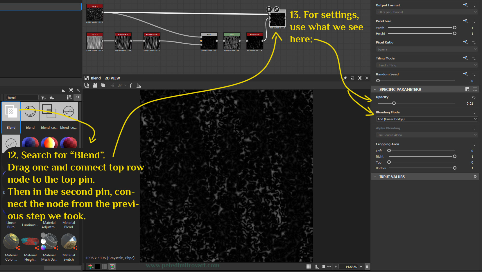 Designer shot where we look for “Blend” and add top row node to the first pin. The second row of nodes we add to the second pin. Arrows point to the settings of the “Blend” node, which are as described above. Visual result is very similar to previous step.