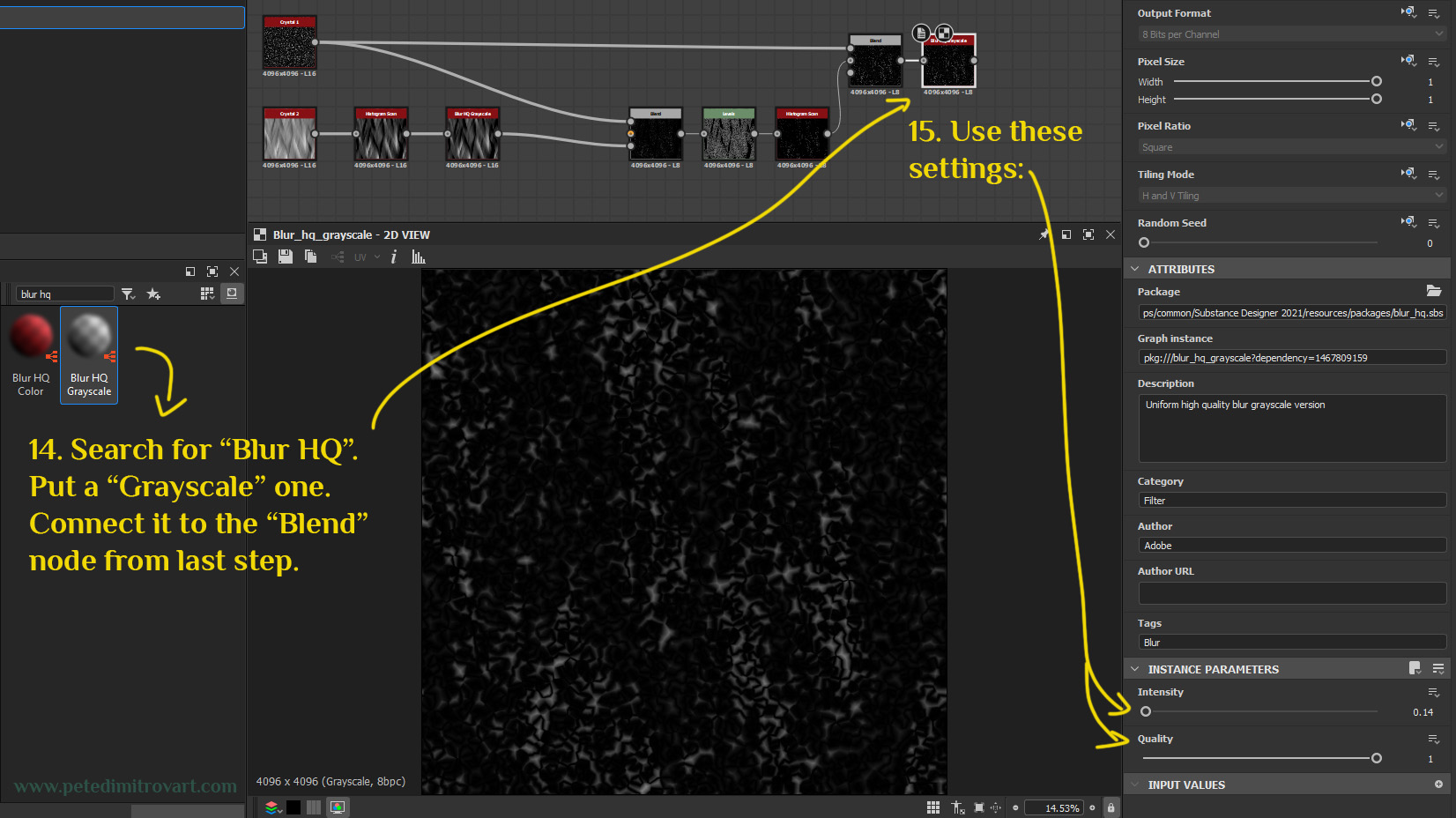 Screenshot searching up a “Blur HQ Grayscale” and adding it to the end of the nodes. Settings are described in text above. The visual is once again very similar to before.