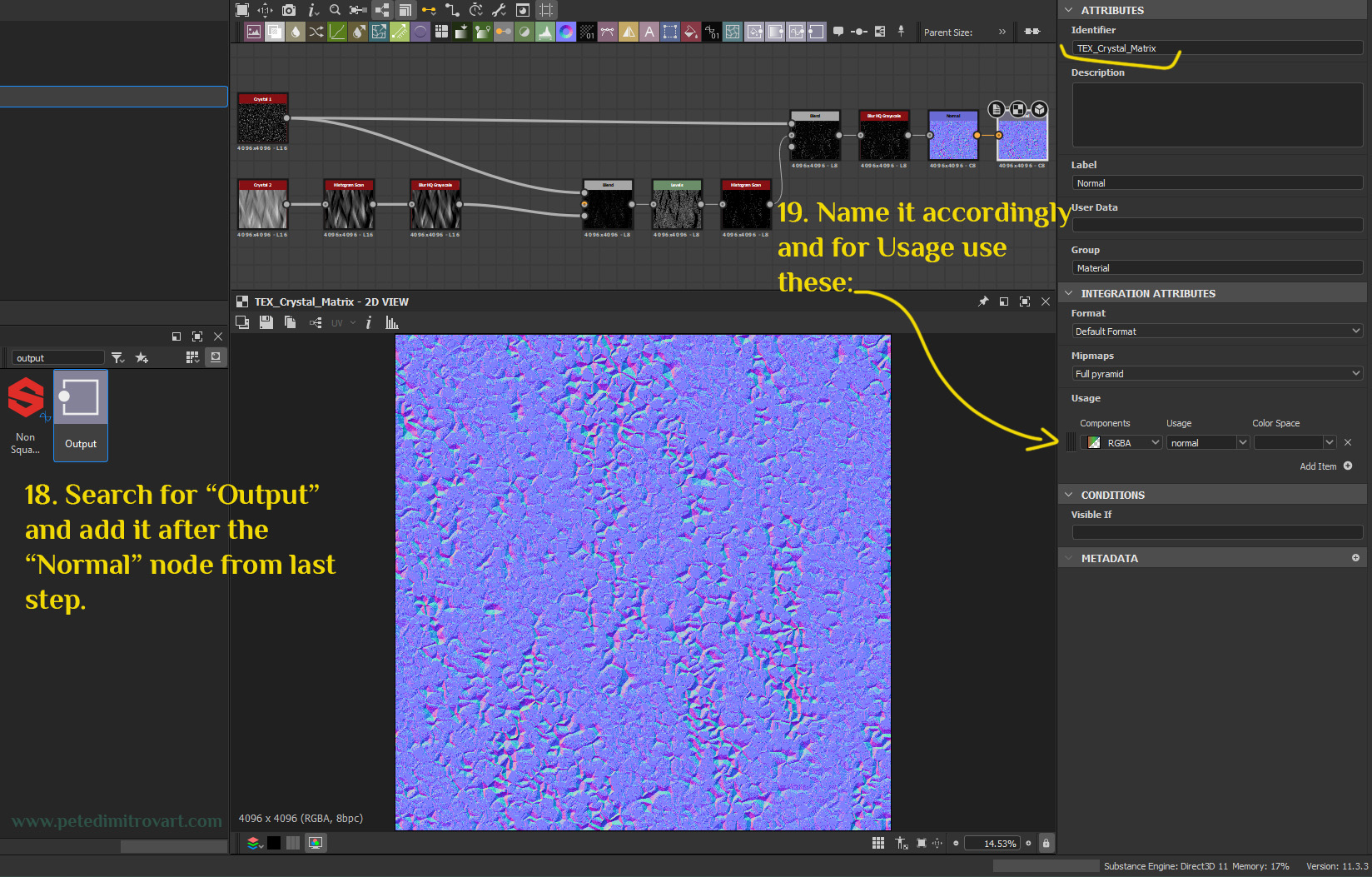 Screenshot of adding an “Output” node at the end of everything. Arrows point to the settings, which are transcribed in text above.