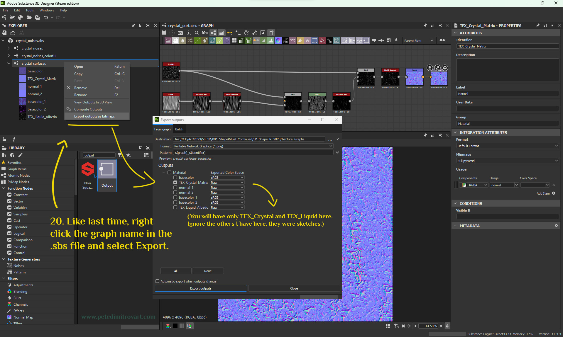 Image showing a right click on the graph name to open a submenu and select “Export” from there. A secondary window pops up, asking for export destination, file format, and outputs selection.