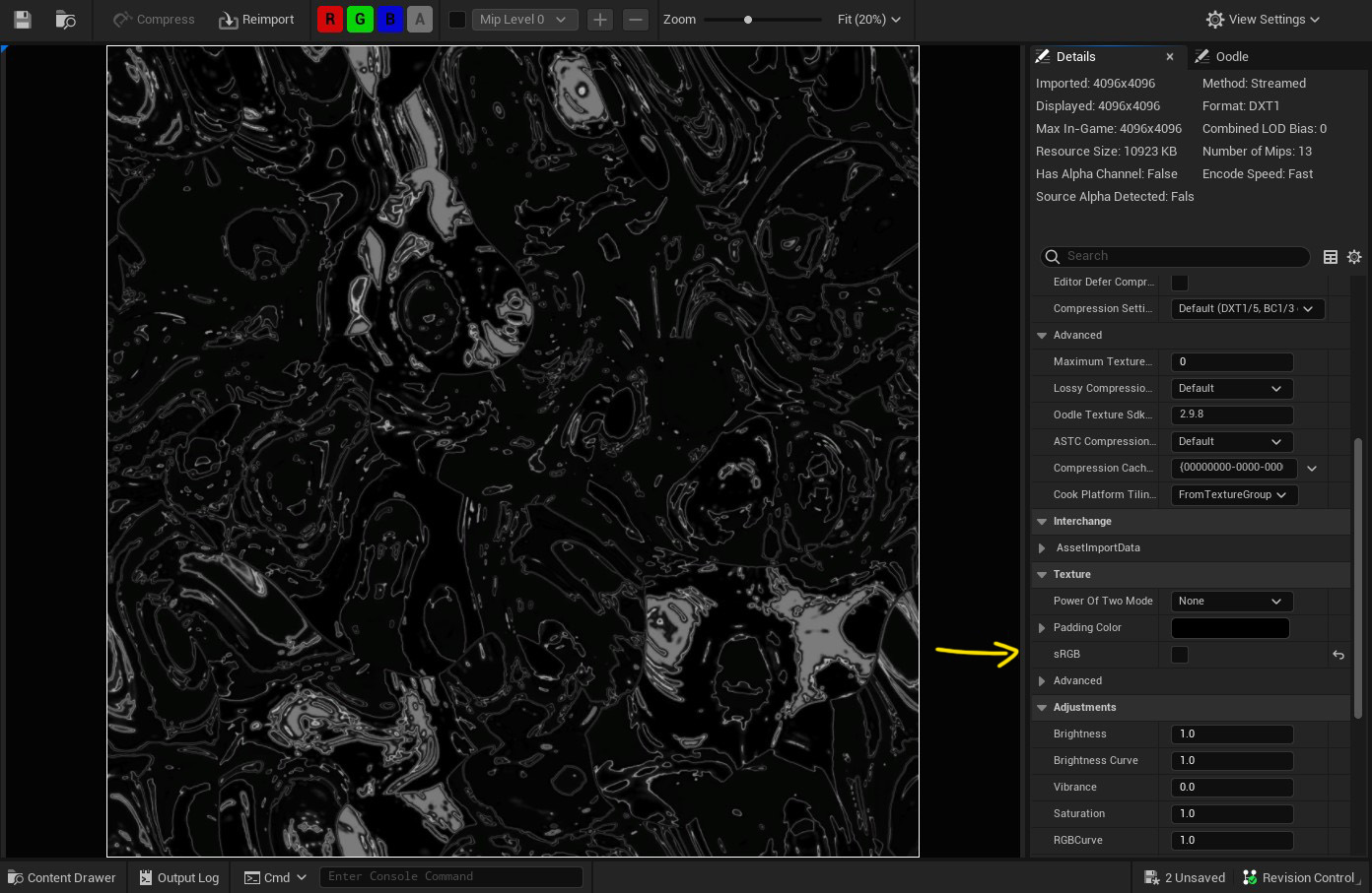 Another Unreal 5 texture inspect window, but this time around looking at the black and white liquid spill. If you scroll down in the settings to the right, you will find an sRGB tick box. Turn that off. The image here has an arrow pointing it.