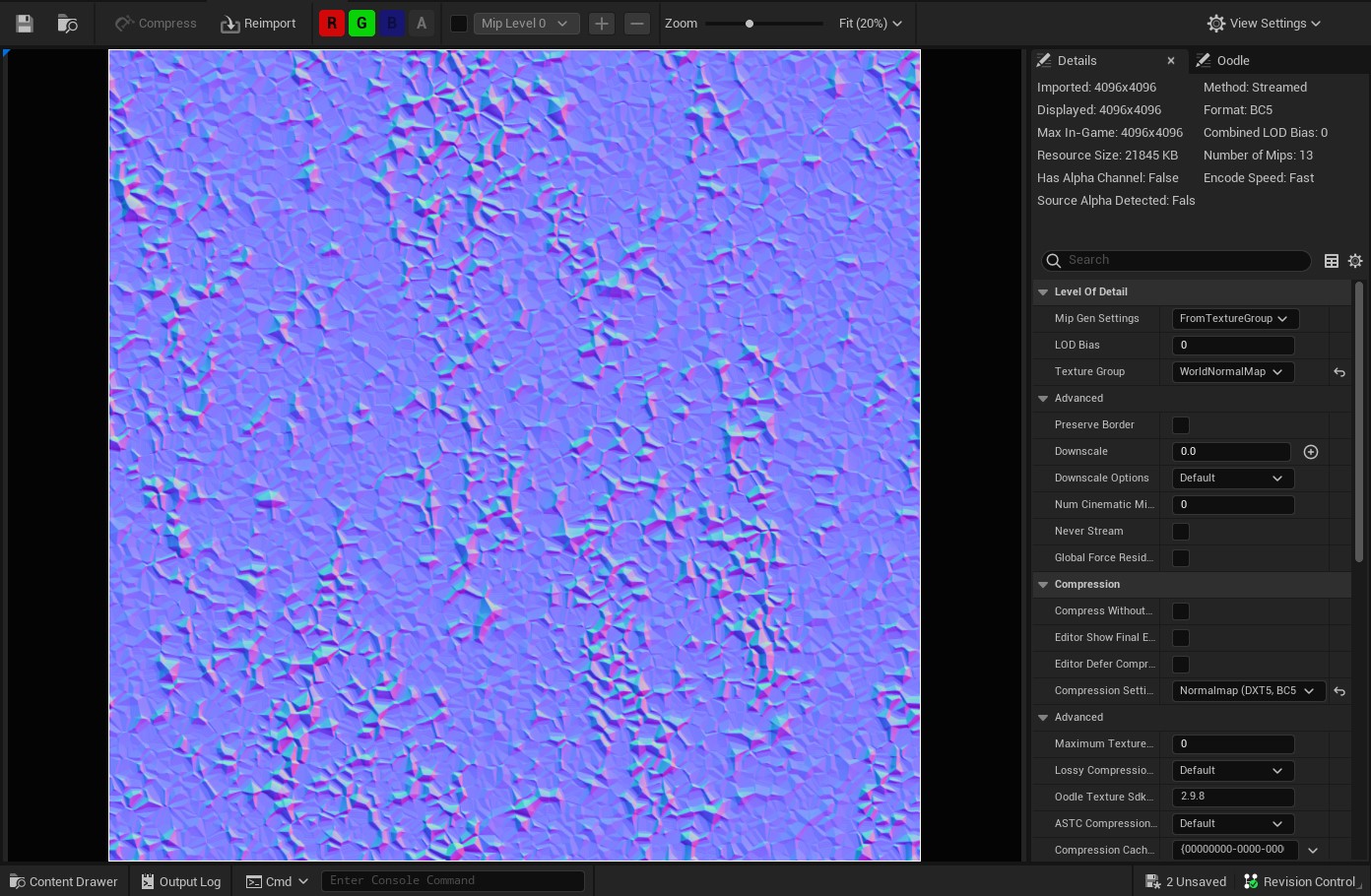 Unreal 5 screenshot where we have opened the imported normal texture. Preview window shows it to us and we see the matrix shapes. The settings to the right are all correct and none need changing.