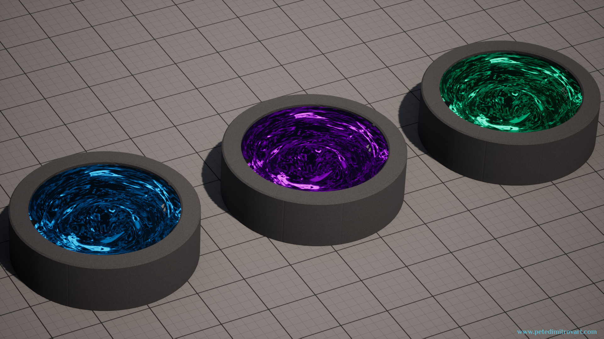 Another angle showcasing the vortex basin VFX. This time its 3 of them. A blue, purple and then a green one. They are seen in a placeholder scene with grid materials. The camera is from very, very far away and unrealistically small Field of View (or otherwise large Focal Length), reducing the perspective and showcasing the props as if from an orthographic view.