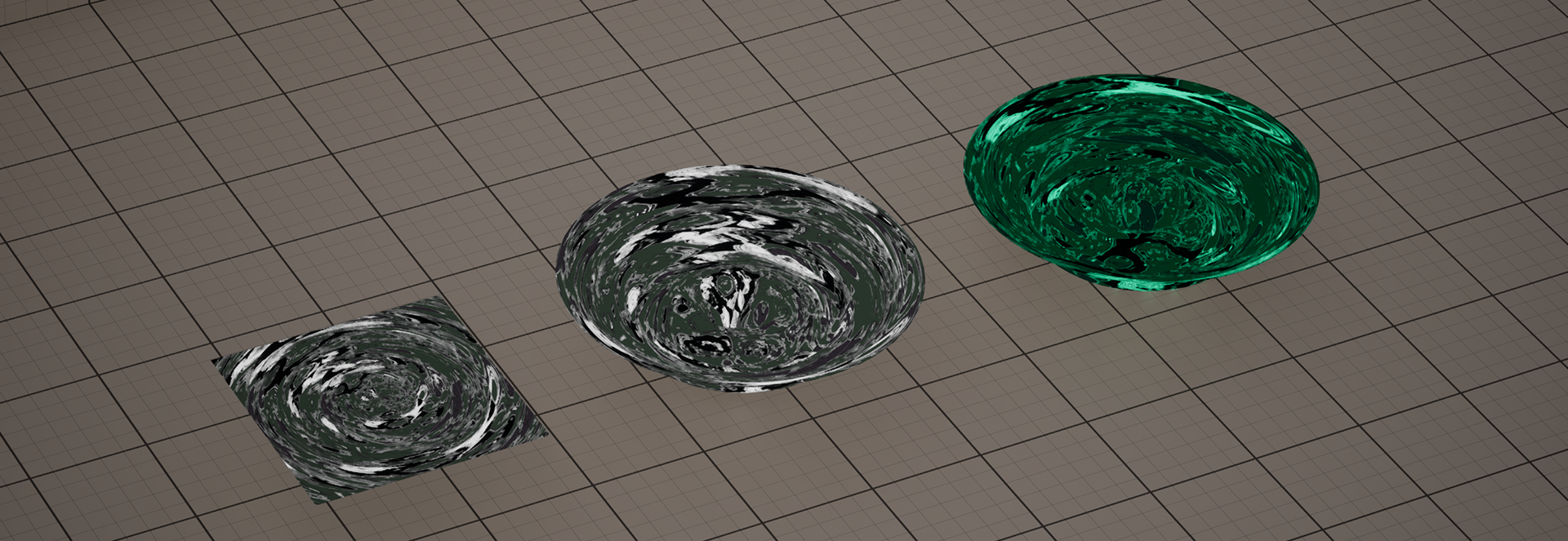 The material shader, seen in an orthographic camera screenshot from Unreal 5. There are three shapes. One is flat plane, second is a vortex basin, third one is the same. First two have black and white, liquid-like texturing. Third one is tinted in green.
