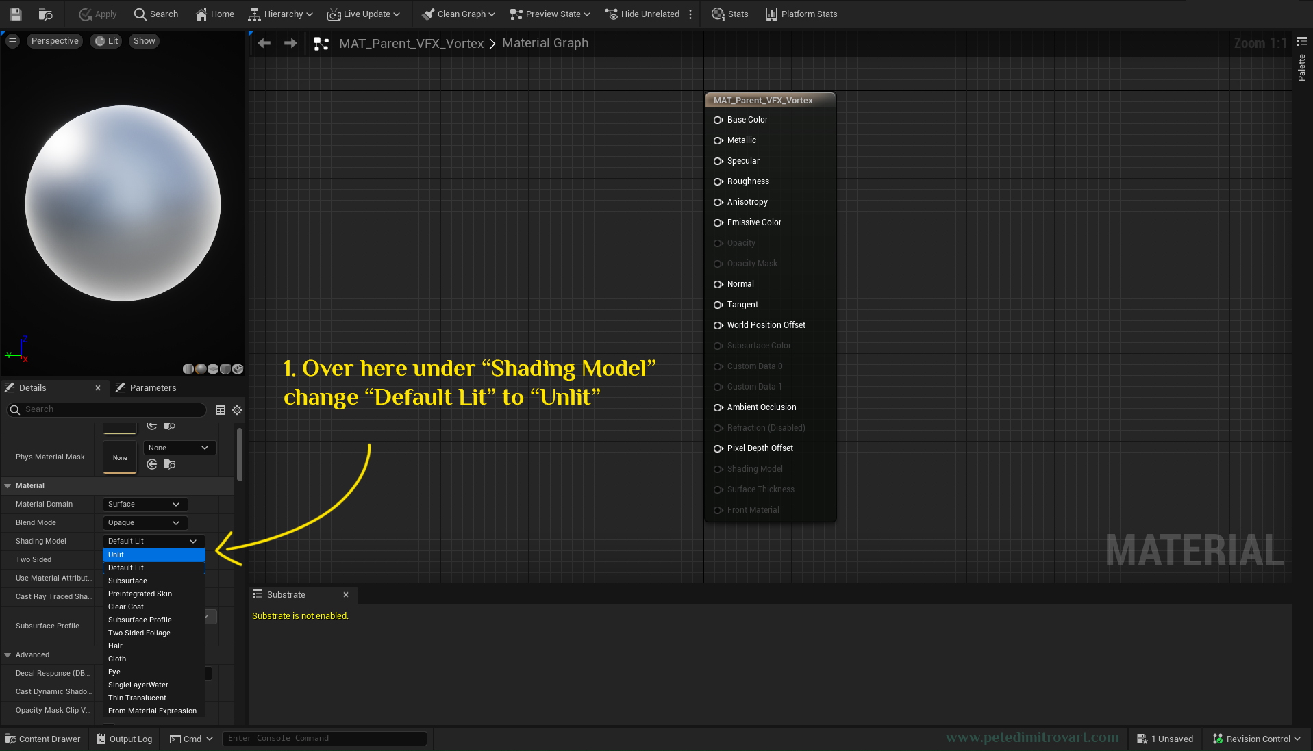 Unreal 5 material graph screenshot. Shows the material settings, to the left, being changed from Shading Model “Default Lit” to “Unlit”.