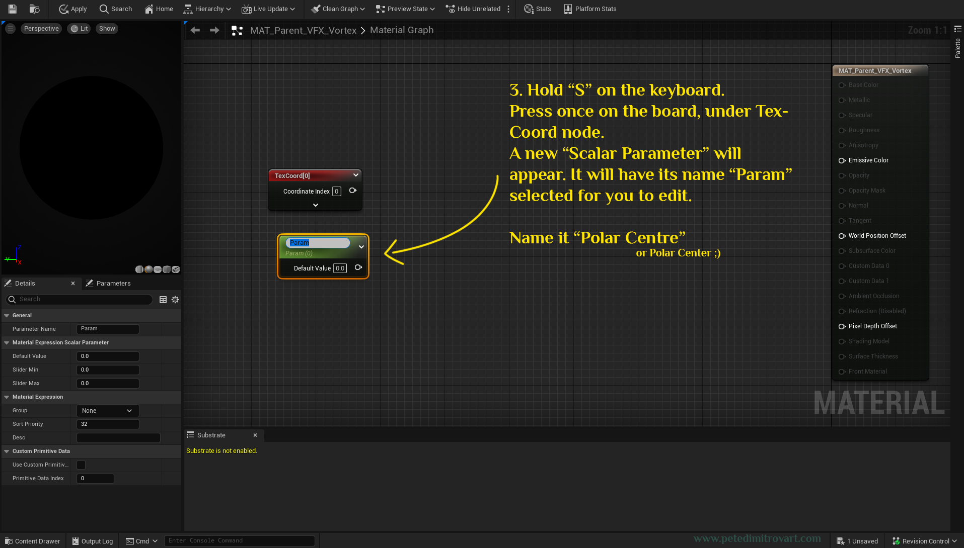 Screenshot like before but now there is a red node added - thats the TexCoord. Under it is added a new scalar parameter (green node).