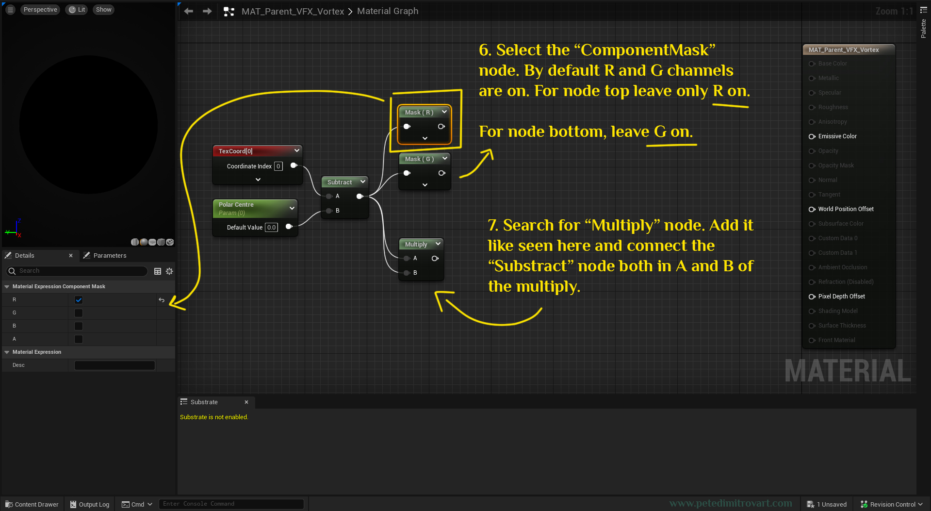 Image showing one of the Component Mask nodes being selected. From its settings to the left, only R from RGBA is selected. On the Mask node below it, only G is left on. Then under them is added a Multiply node connected both in A and B into Subtract.