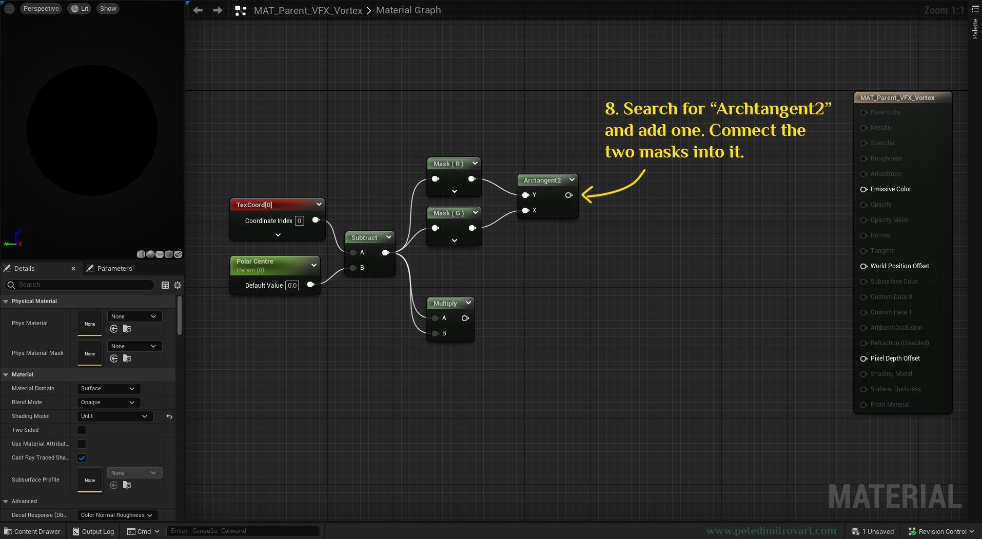 Screenshot showing an Arctangent2 node added right after Mask R and Mask G. R is connected into the Y and G into the X of the Arctangent2.