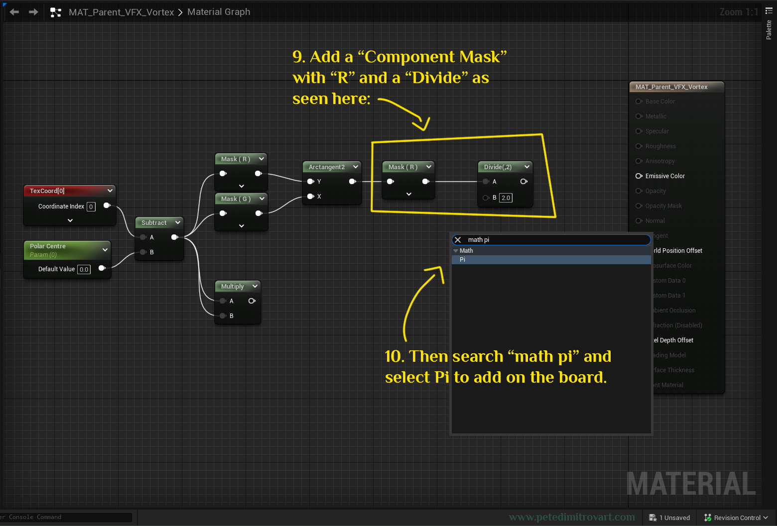 Another shot that shows adding a new component mask, right after Arctangent2. Then its followed by adding Divide right after Mask “R”. The image then shows searching for “math pi” and adding a “Pi” node (seen in next image).