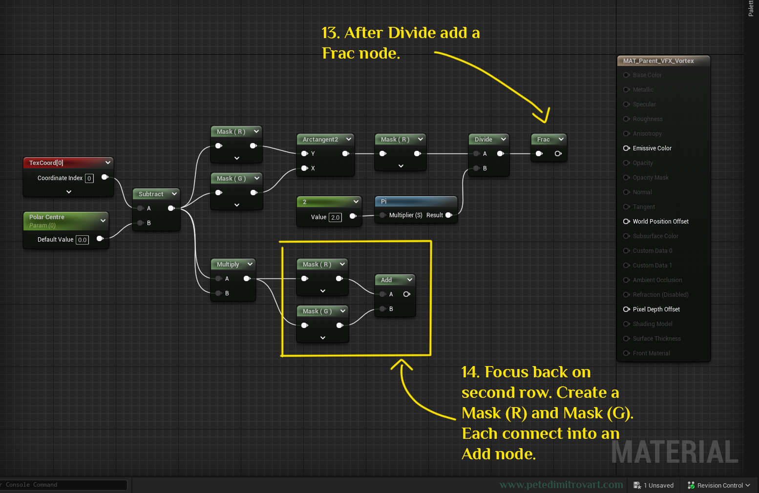 Screenshot showing the nodes board with a “Frac” node added on top row and two Mask and an Add node added to the second row. Text is transcribed above.