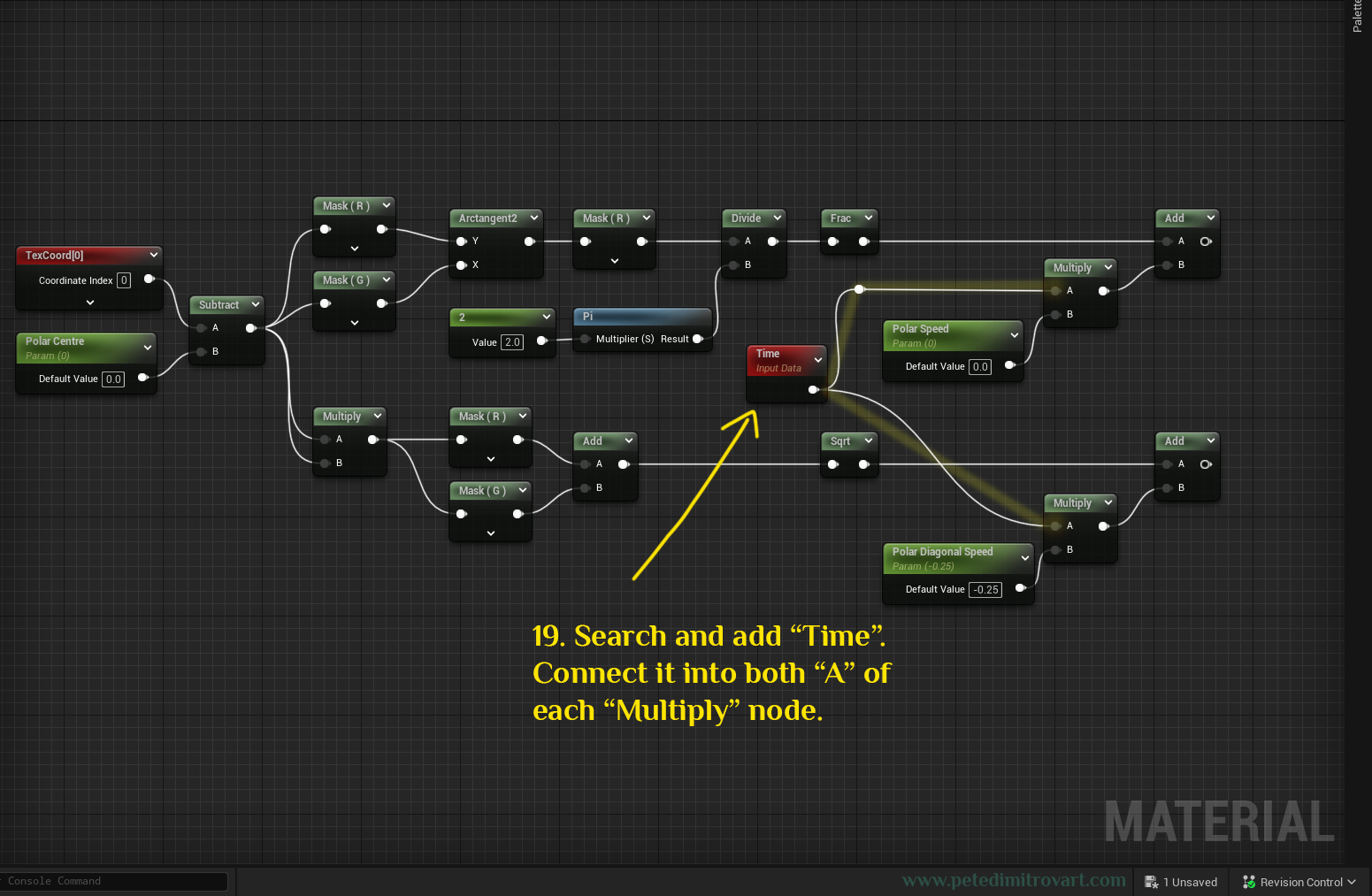 Screenshot showing a new “Time” node, as seen in red color, added and connected to both Multiplies.